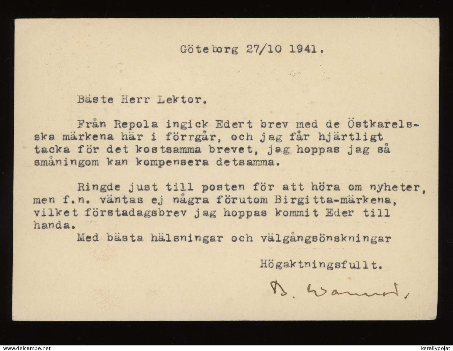 Sweden 1941 Göteborg Censored Air Mail Card To Finland__(10455) - Briefe U. Dokumente