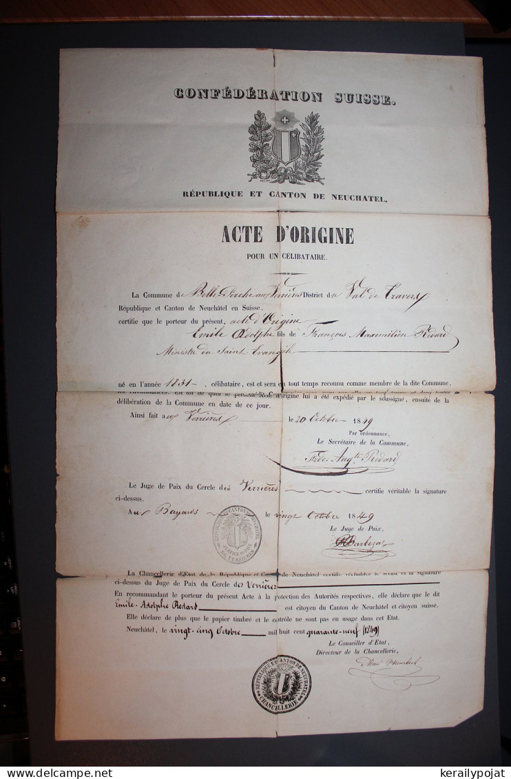 Switzerland 1849 Neuchatel Old Document__(10776) - Cartas & Documentos