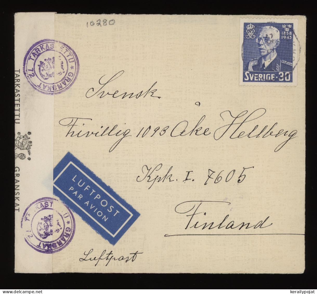 Sweden 1940's Censored Air Mail Cover To Finland__(10280) - Brieven En Documenten