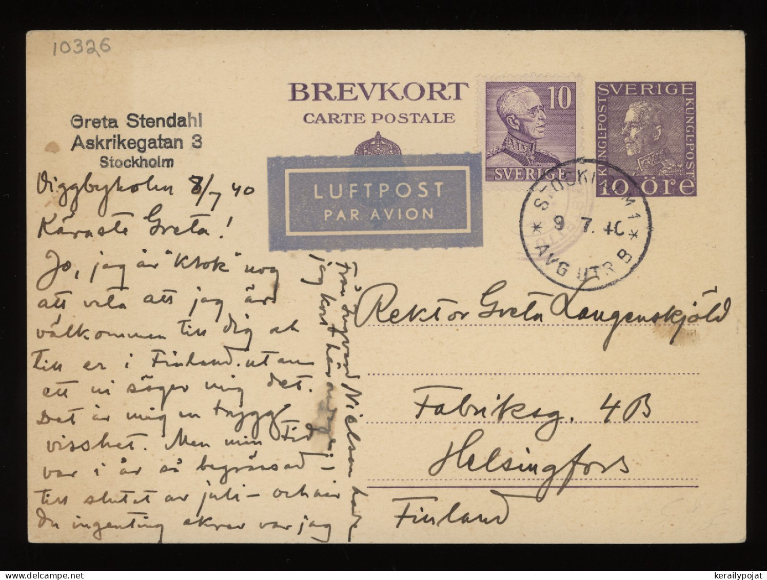 Sweden 1940 Stockholm Censored Air Mail Card To Finland__(10326) - Briefe U. Dokumente