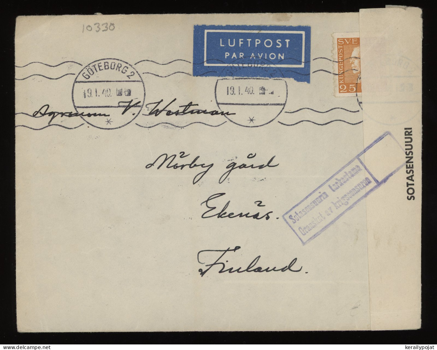 Sweden 1940 Göteborg Censored Air Mail Cover To Finland__(10330) - Lettres & Documents