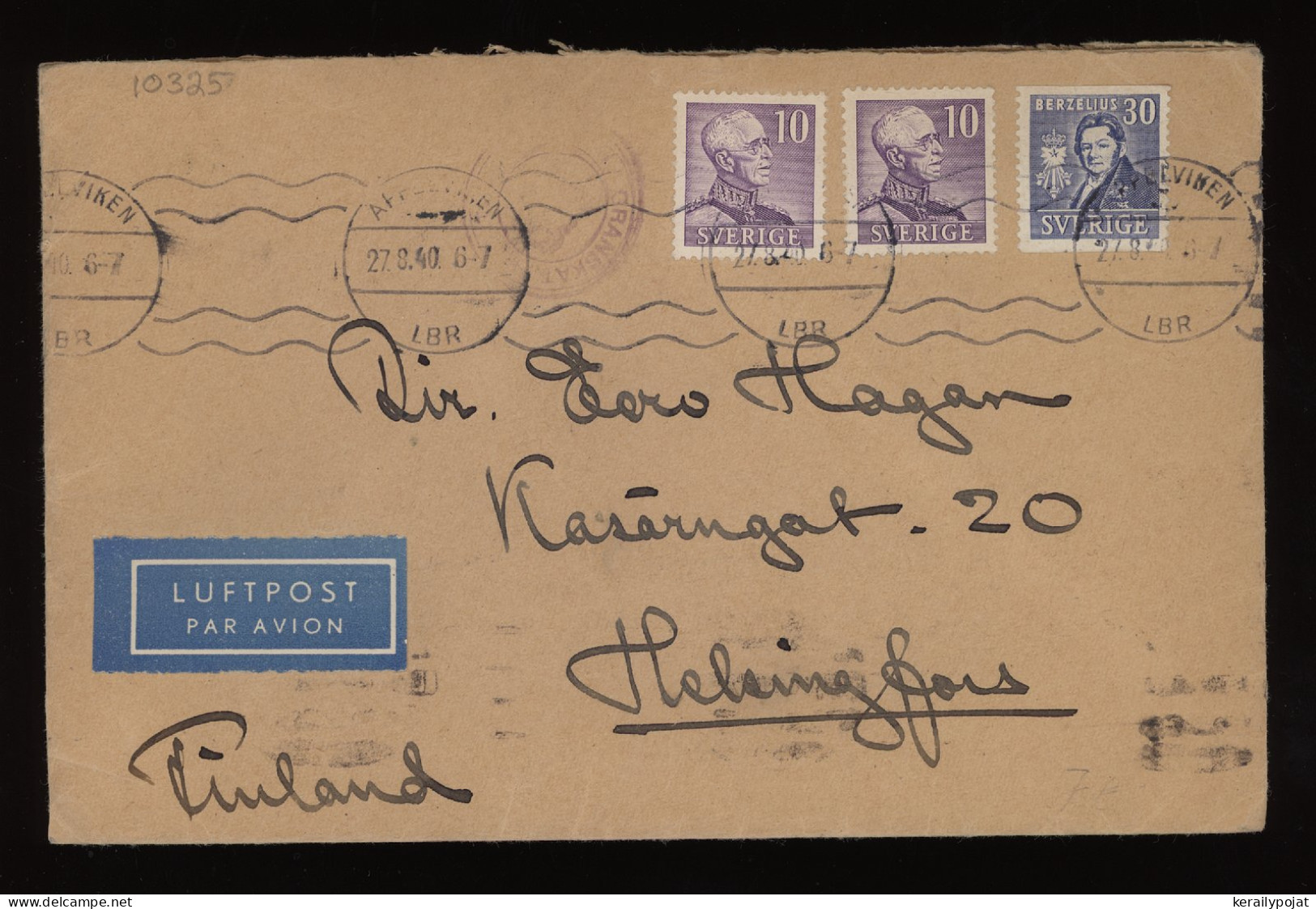 Sweden 1940 Apelviken Censored Air Mail Cover To Finland__(10325) - Lettres & Documents