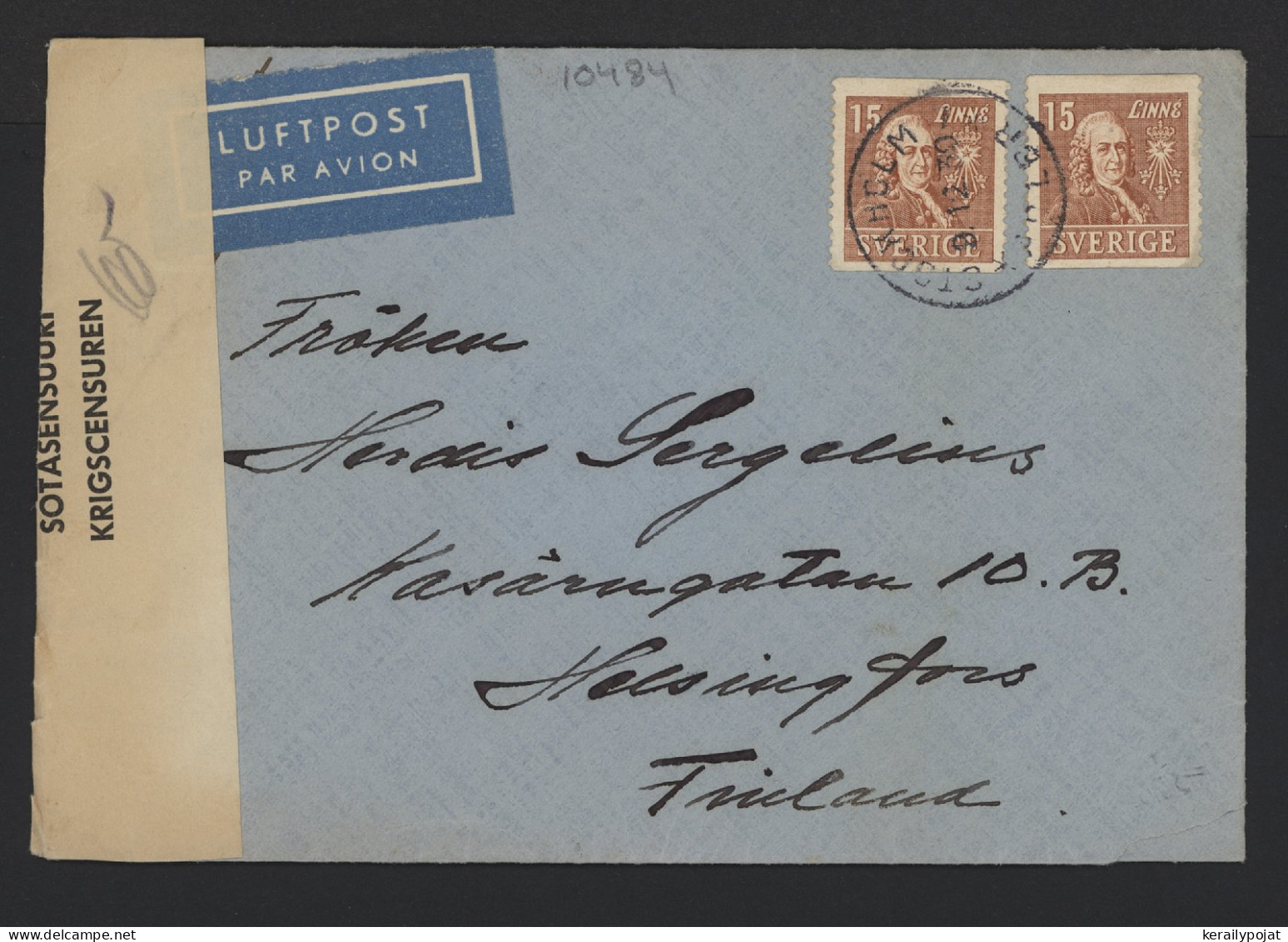 Sweden 1939 Stockholm Censored Air Mail Cover To Finland__(10484) - Brieven En Documenten