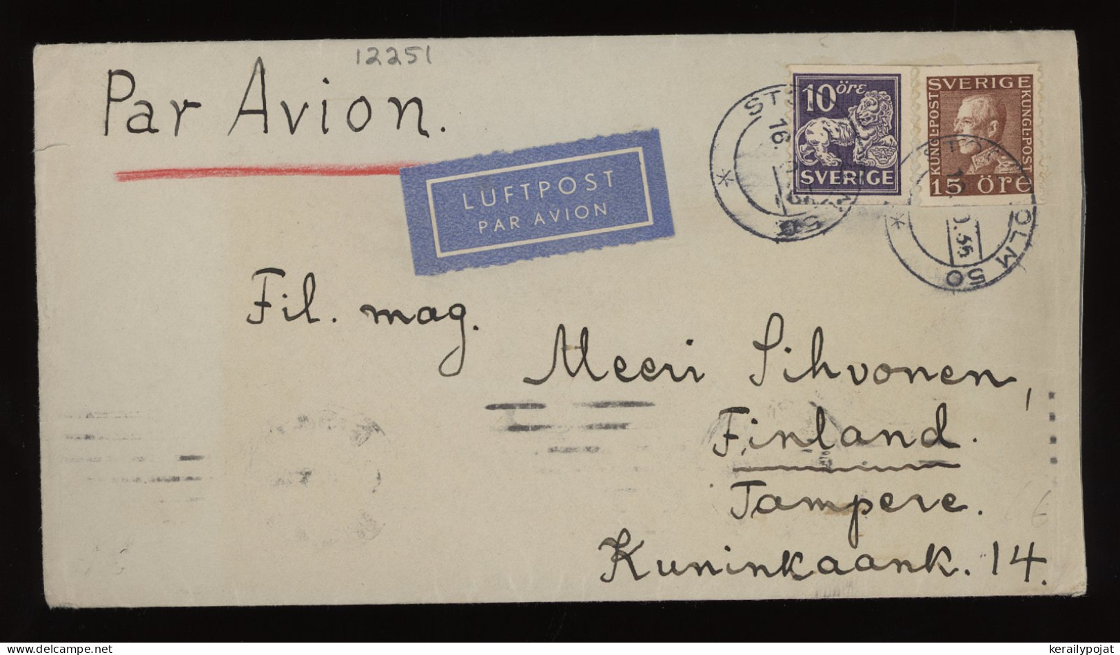 Sweden 1936 Stockholm Air Mail Cover To Finland__(12251) - Brieven En Documenten