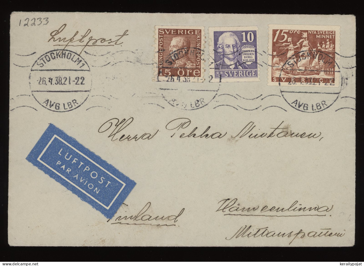 Sweden 1938 Stockholm Air Mail Cover To Finland__(12233) - Covers & Documents