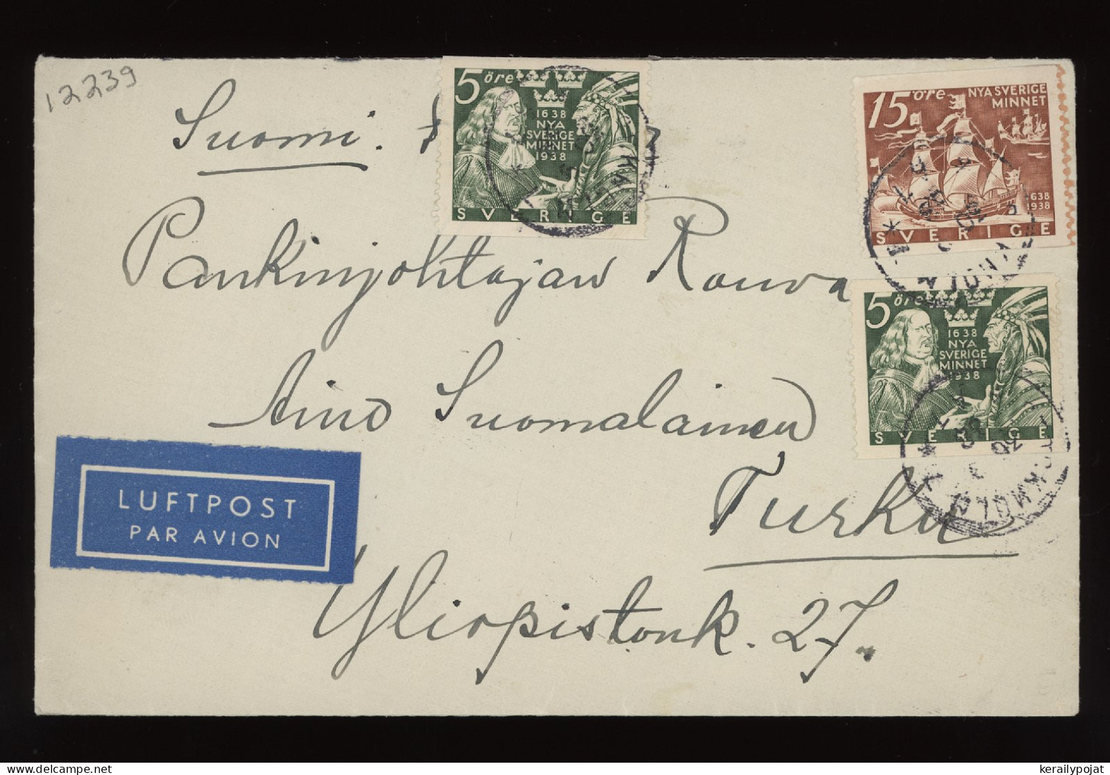 Sweden 1938 Stockholm Air Mail Cover To Finland__(12239) - Lettres & Documents