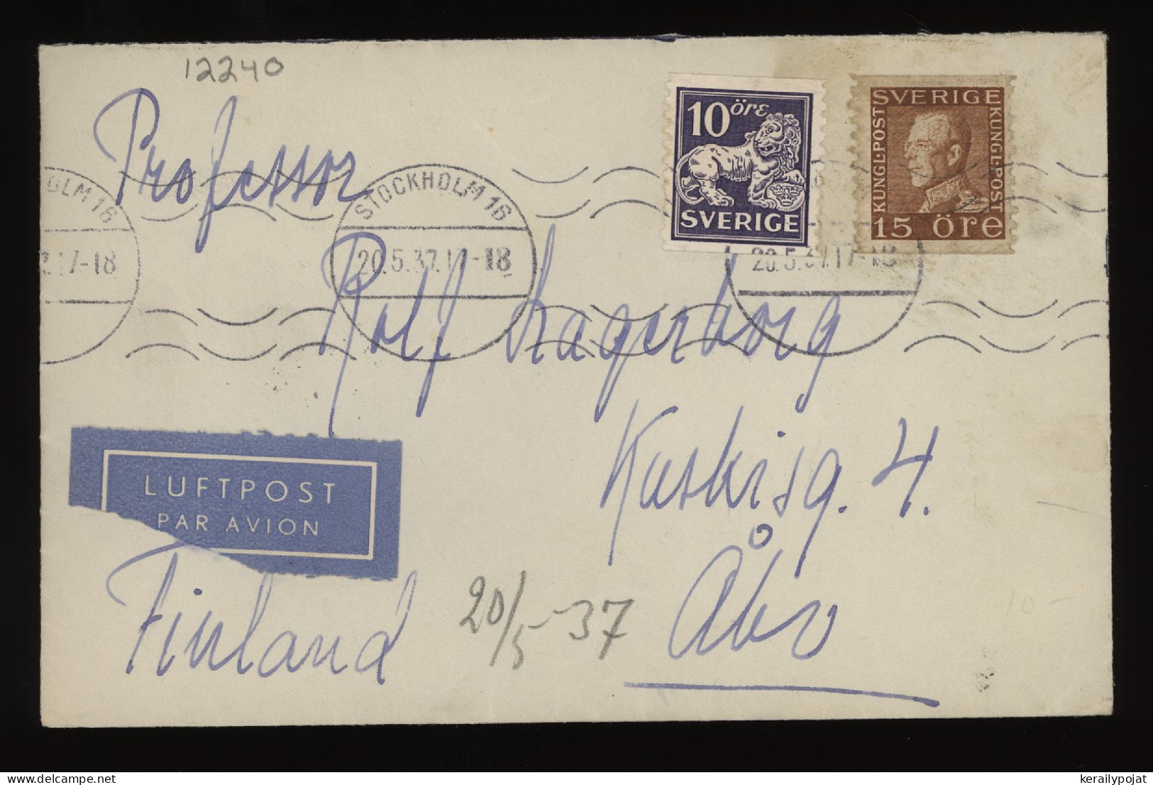 Sweden 1937 Stockholm Air Mail Cover To Finland__(12240) - Covers & Documents