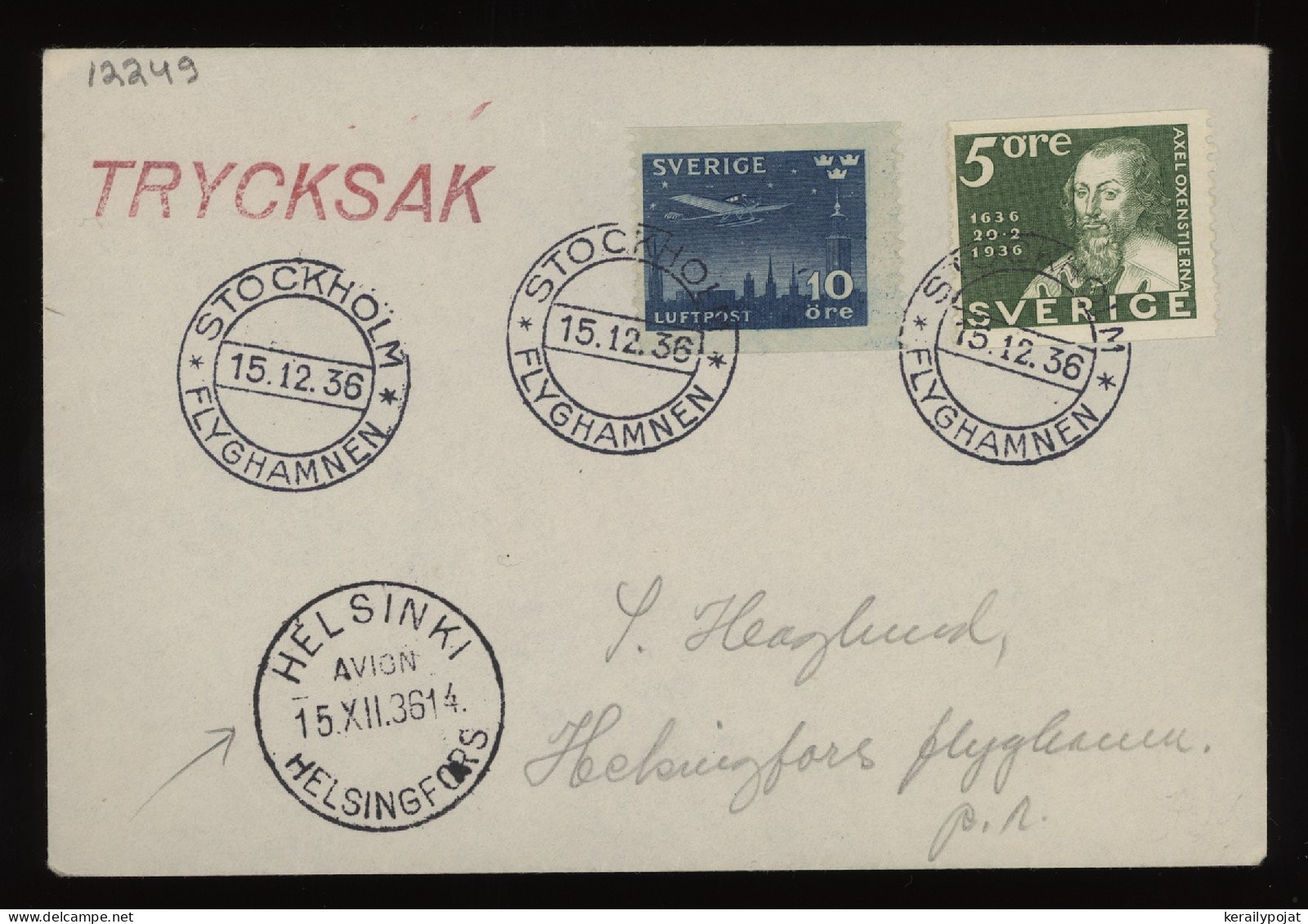 Sweden 1936 Stockholm Air Mail Cover To Finland__(12249) - Lettres & Documents