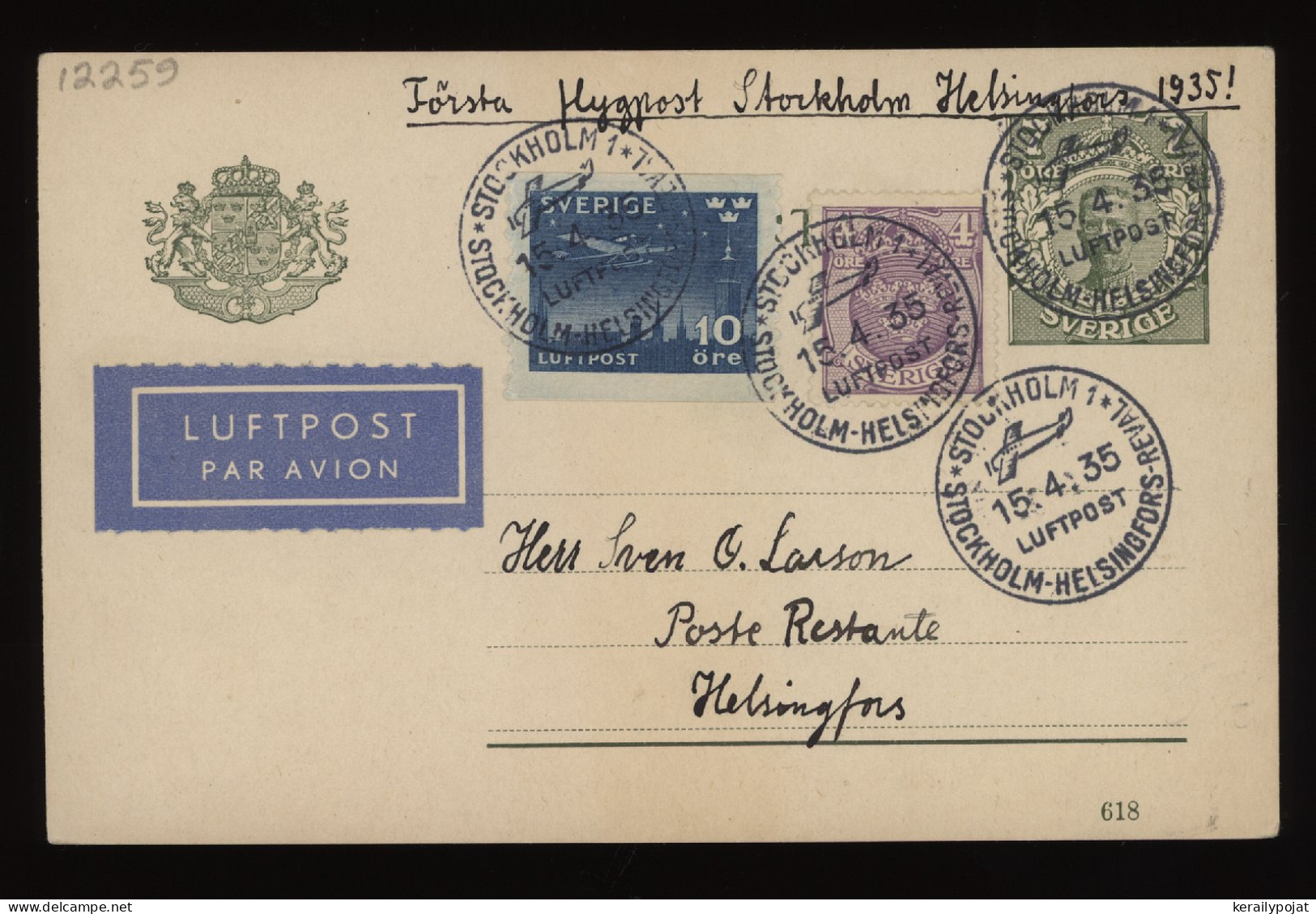 Sweden 1935 Stockholm Air Mail Card To Finland__(12259) - Cartas & Documentos
