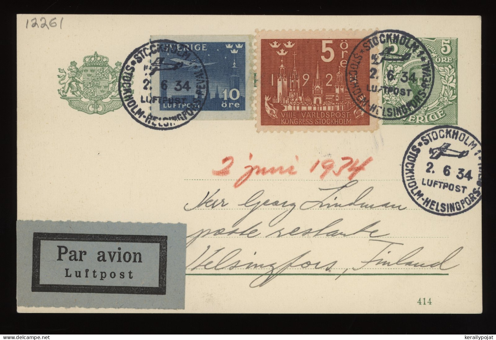 Sweden 1934 Stockholm Air Mail Card To Finland__(12261) - Briefe U. Dokumente