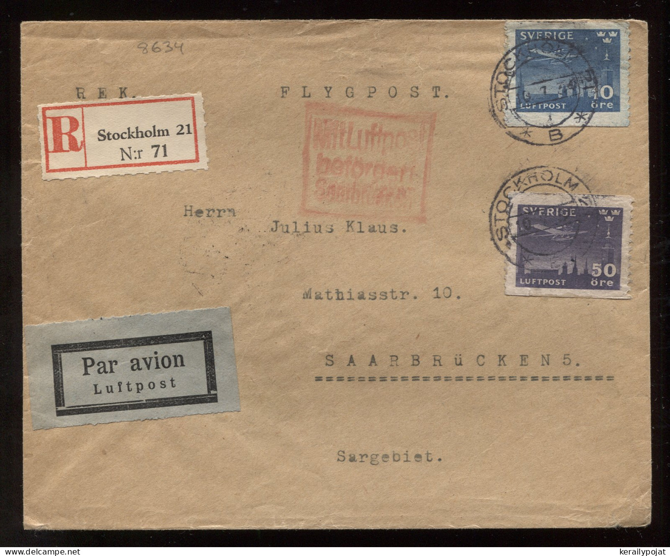 Sweden 1934 Stockholm 21 Registered Air Mail Cover To Saarbrucken__(8634) - Brieven En Documenten