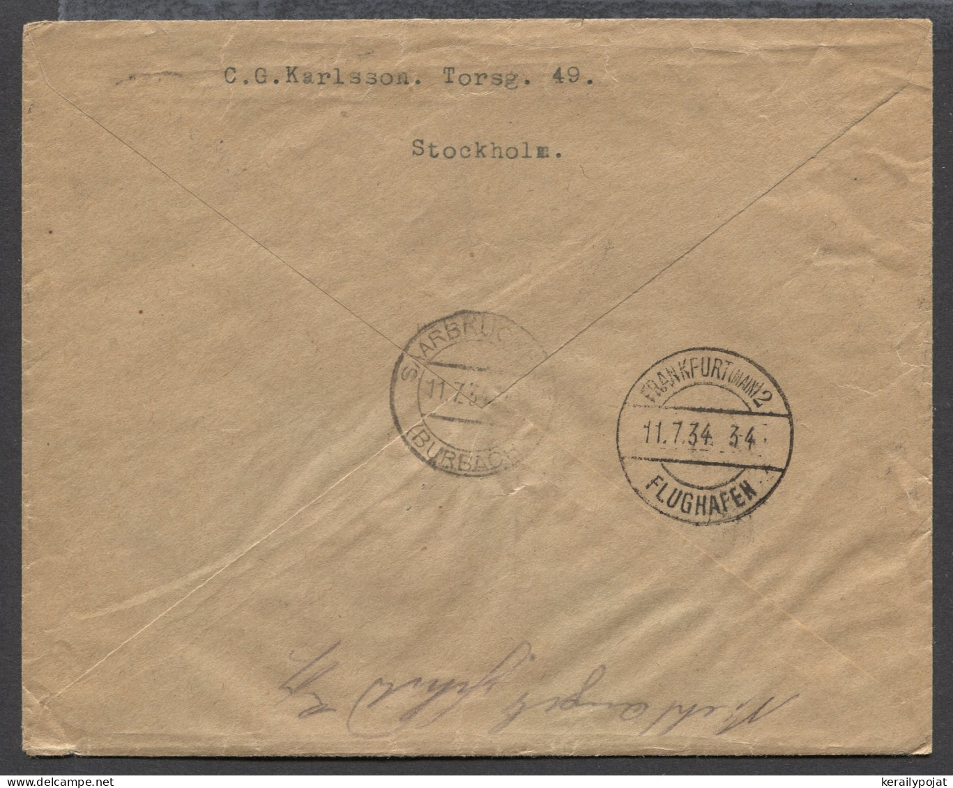 Sweden 1934 Stockholm 21 Registered Air Mail Cover To Saarbrucken__(8634) - Brieven En Documenten