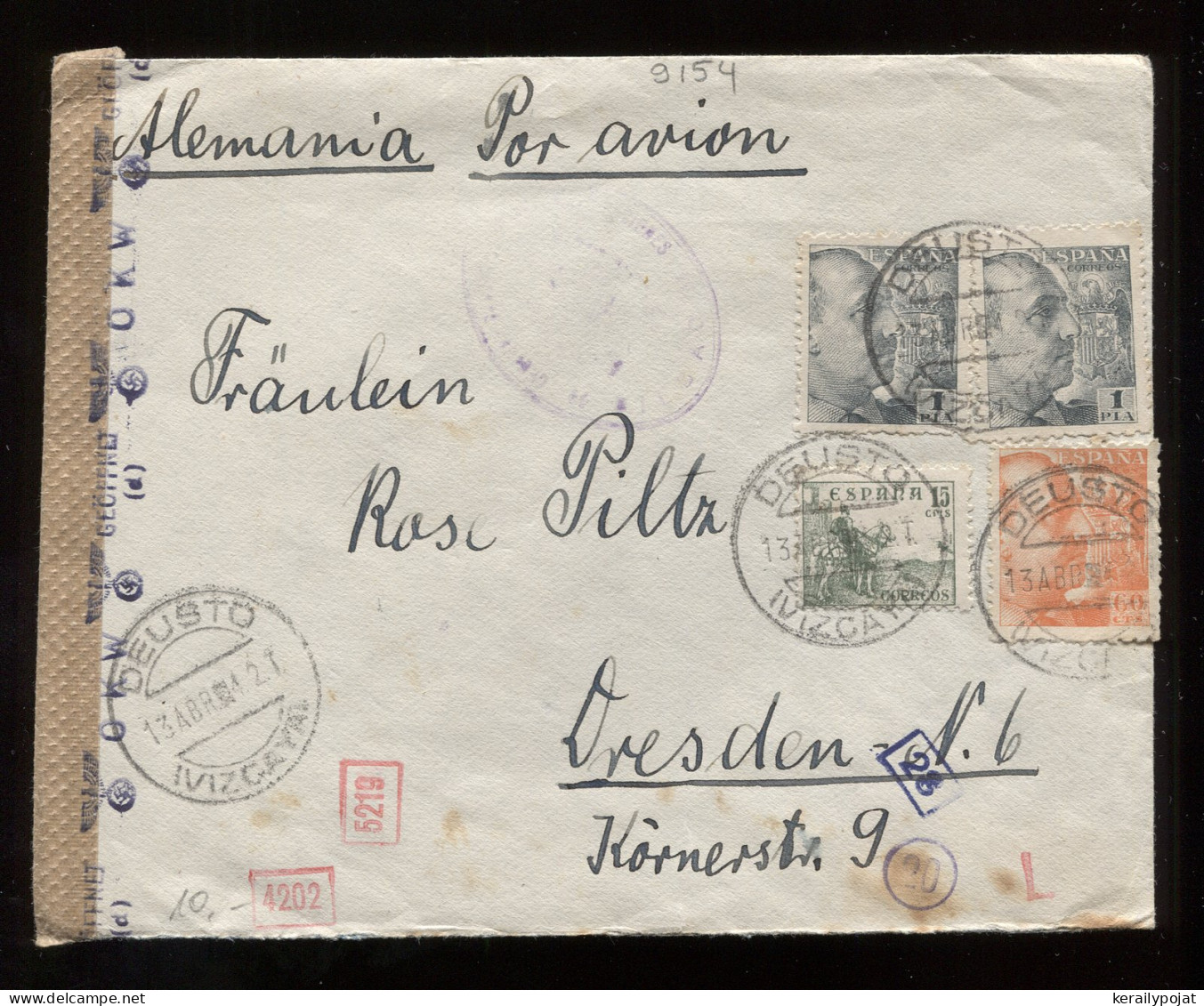 Spain 1950's Deusto Censored Air Mail Cover To Dresden__(9154) - Cartas & Documentos