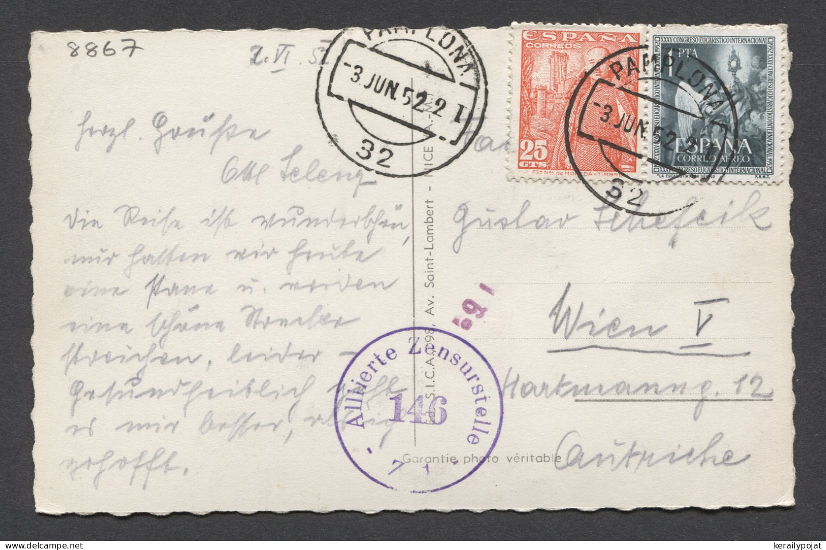 Spain 1952 Pamplona Censored Postcard To Wien__(8867) - Briefe U. Dokumente