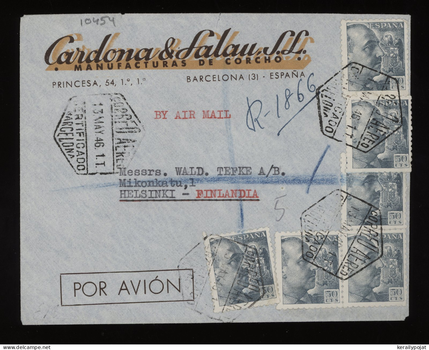 Spain 1946 Barcelona Air Mail Cover To Finland__(10454) - Cartas & Documentos