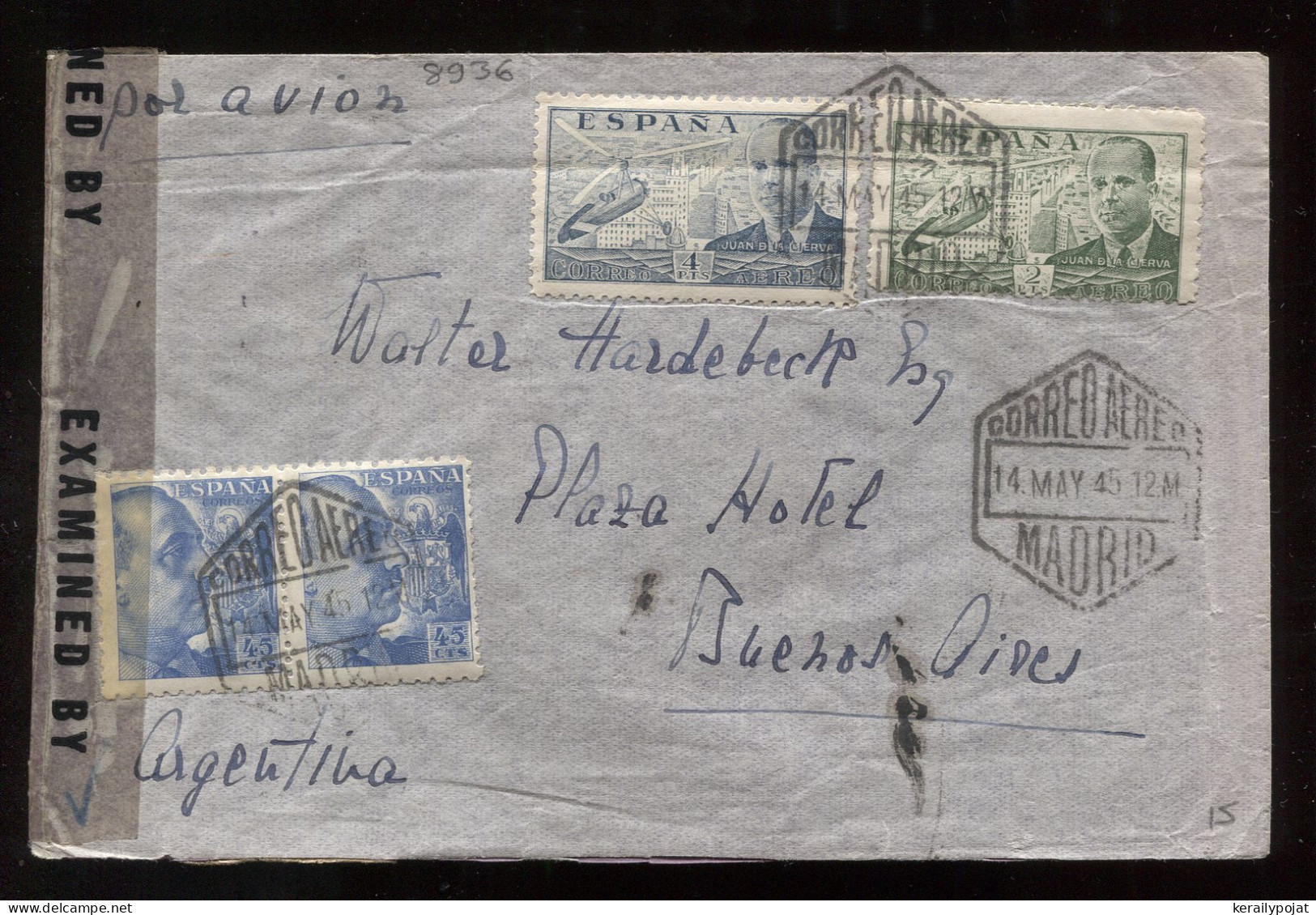 Spain 1945 Madrid Censored Air Mail Cover To Argentina__(8936) - Cartas & Documentos