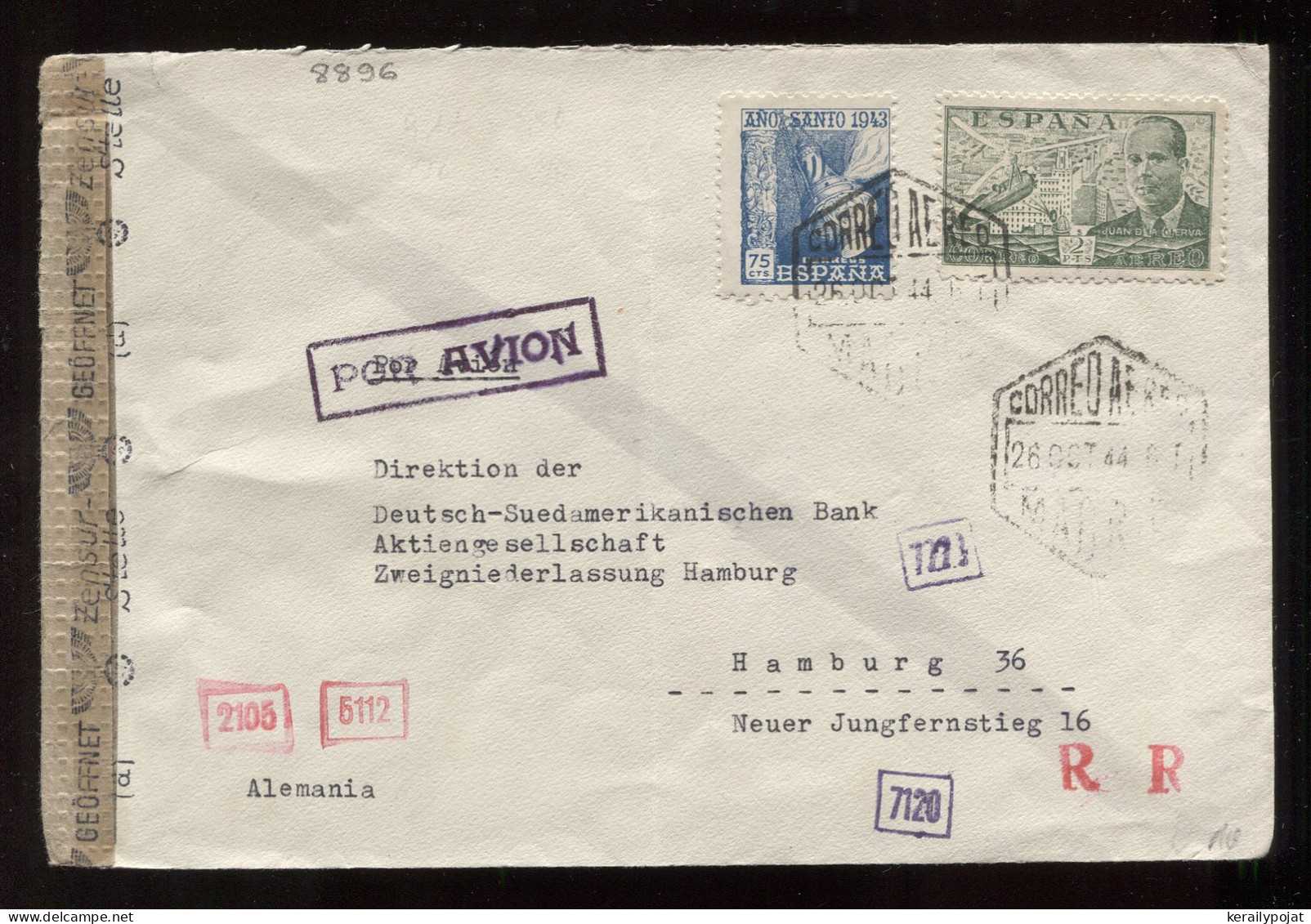 Spain 1944 Madrid Censored Air Mail Cover To Hamburg__(8896) - Briefe U. Dokumente