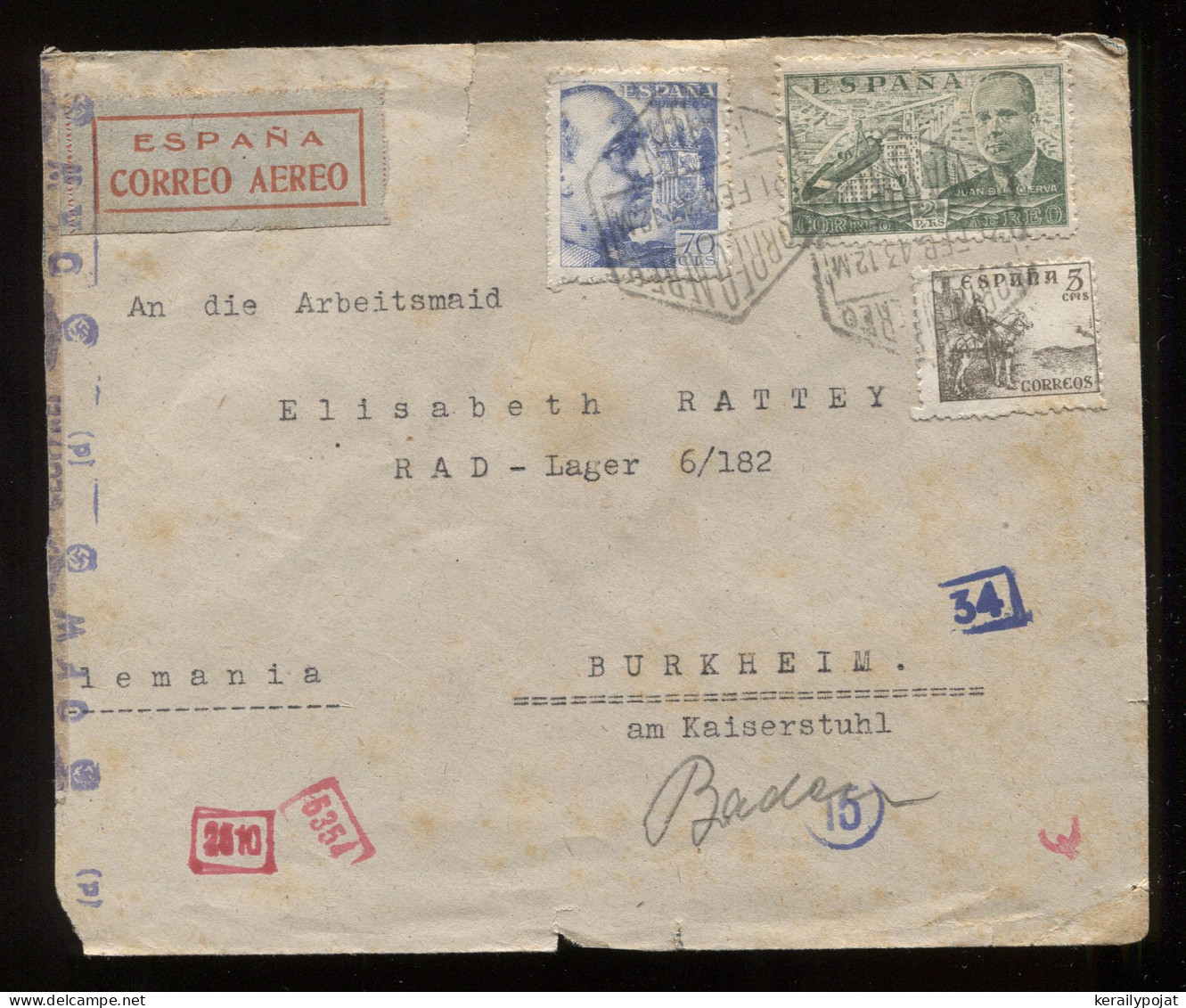 Spain 1943 Madrid Censored Air Mail Cover To Burkheim__(8881) - Covers & Documents