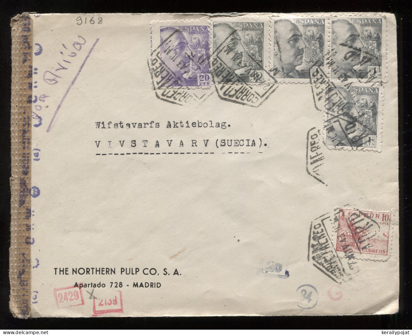 Spain 1943 Madrid Censored Air Mail Cover To Sweden__(9168) - Storia Postale