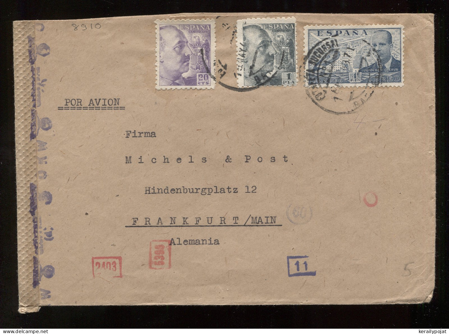 Spain 1943 Barcelona Censored Air Mail Cover To Frankfurt__(8910) - Covers & Documents