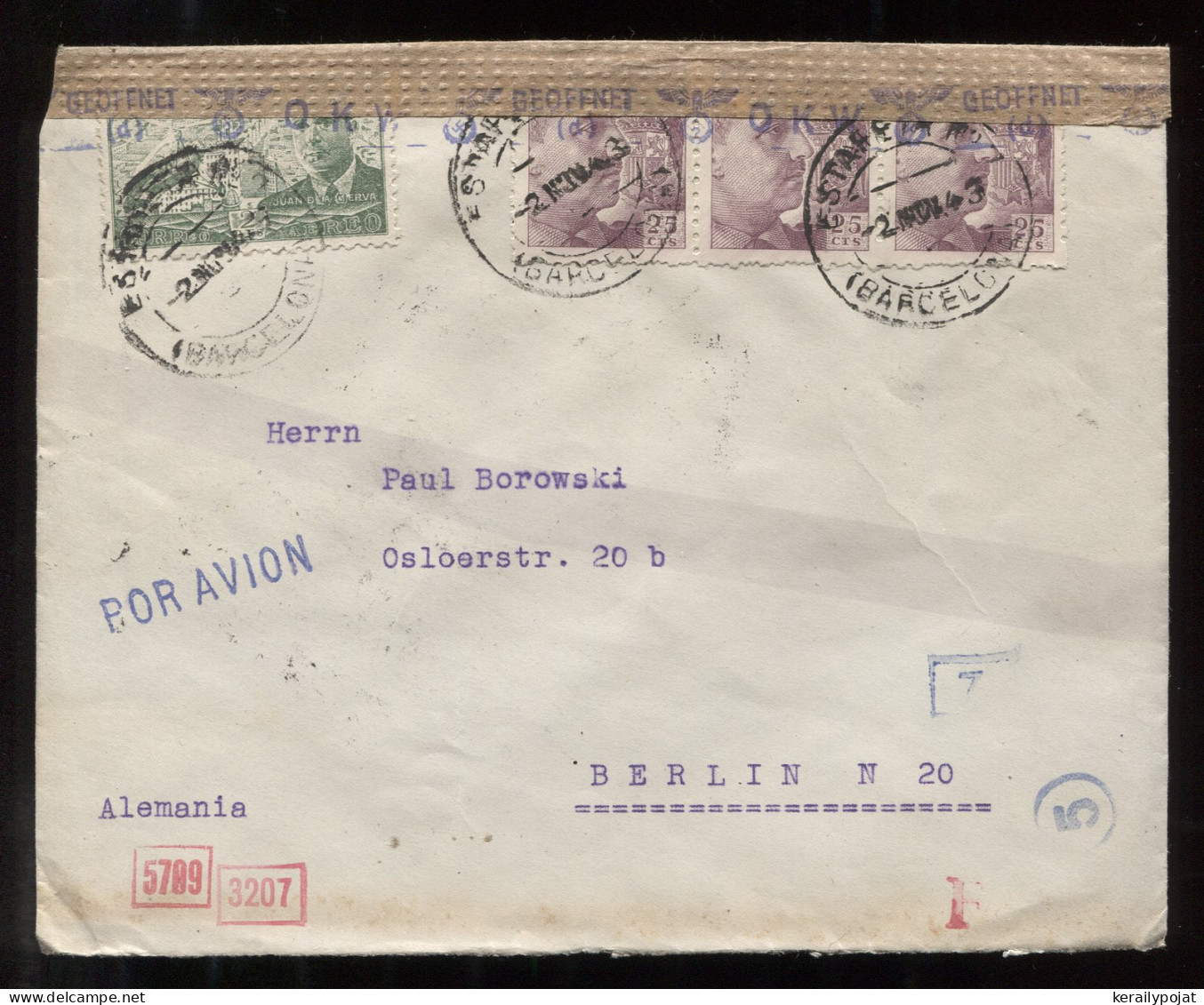 Spain 1943 Barcelona Censored Air Mail Cover To Berlin__(8939) - Briefe U. Dokumente