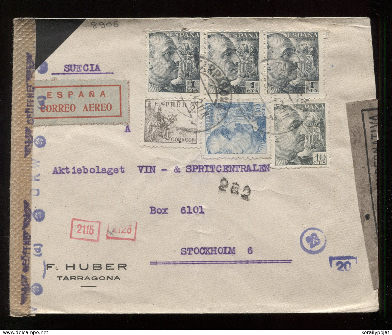 Spain 1942 Tarragona Censored Air Mail Cover To Sweden__(8906) - Cartas & Documentos