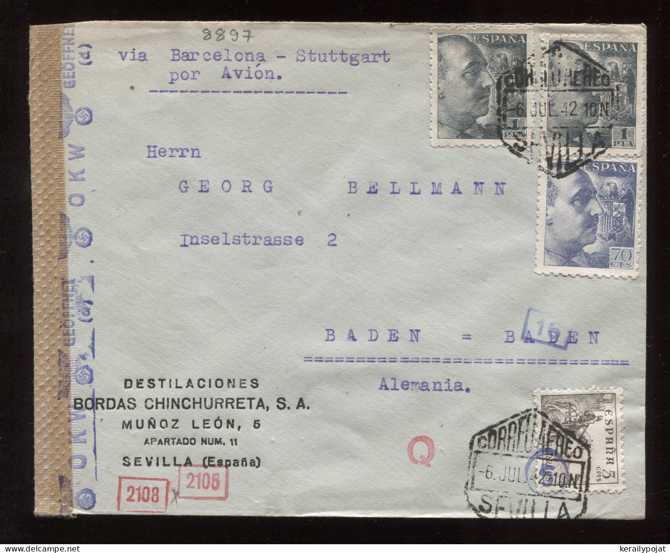 Spain 1942 Sevilla Censored Air Mail Cover To Baden__(8897) - Covers & Documents