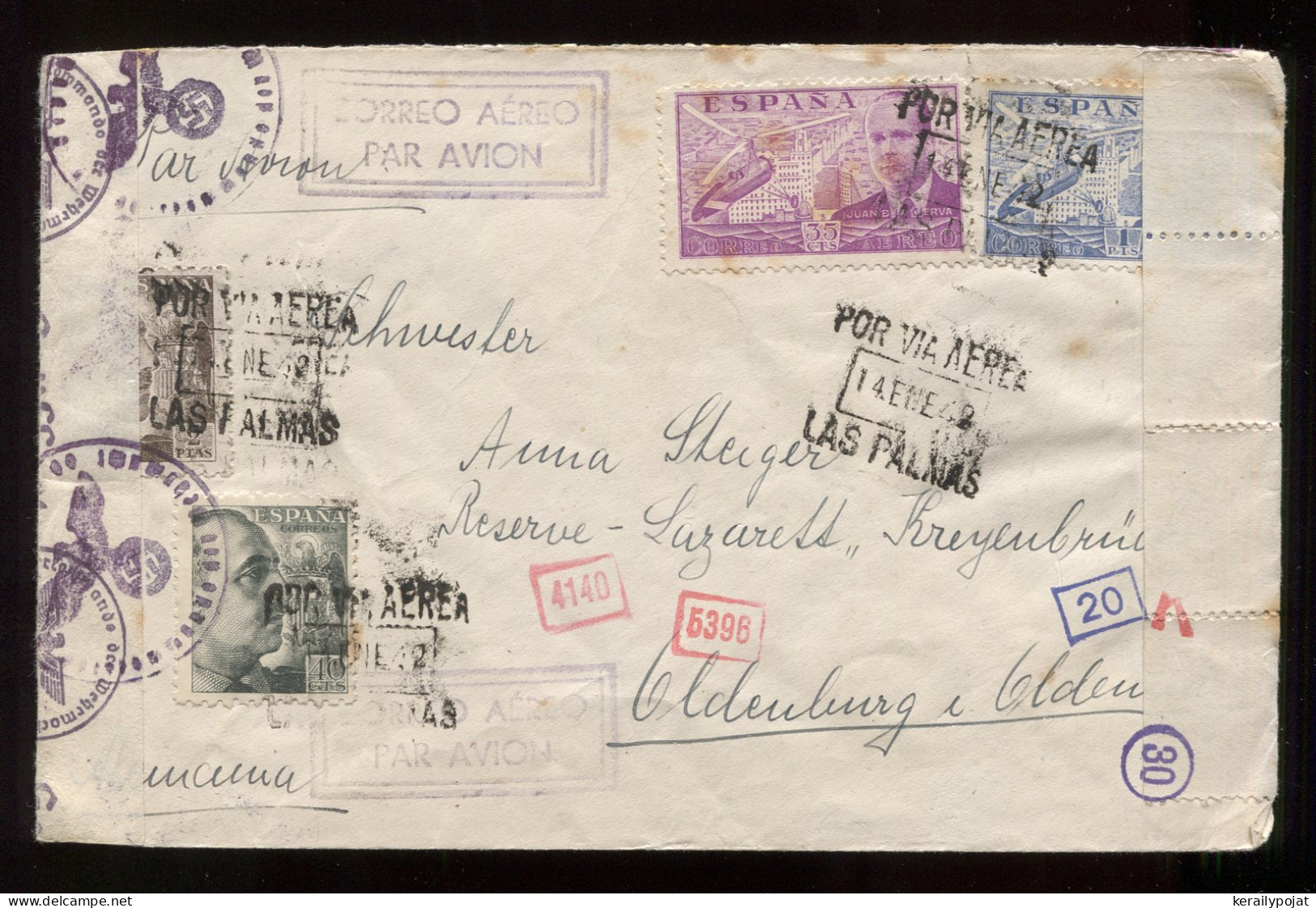 Spain 1942 Las Palmas Censored Air Mail Cover To Germany__(8884) - Cartas & Documentos