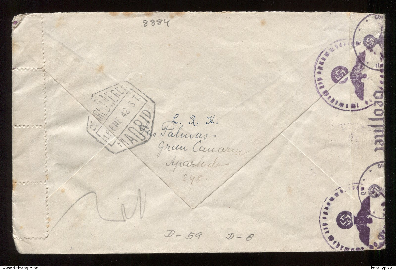 Spain 1942 Las Palmas Censored Air Mail Cover To Germany__(8884) - Briefe U. Dokumente