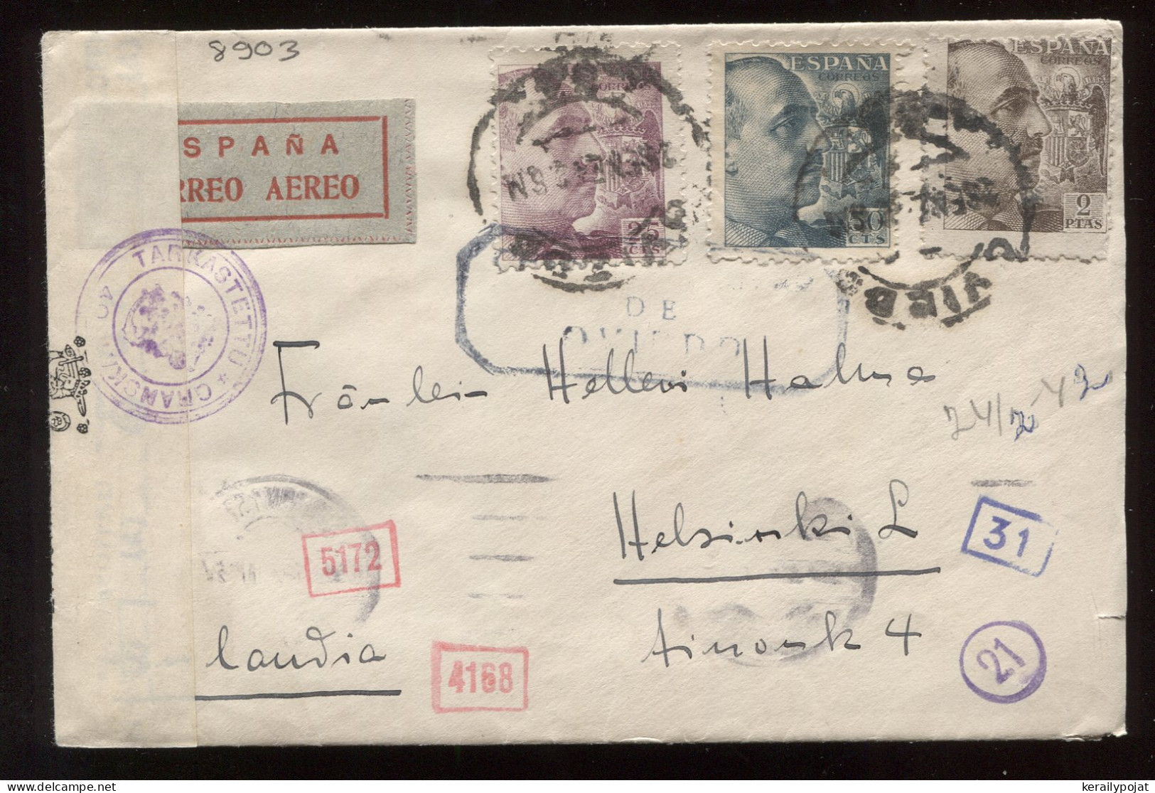 Spain 1942 Censored Air Mail Cover To Finland__(8903) - Briefe U. Dokumente