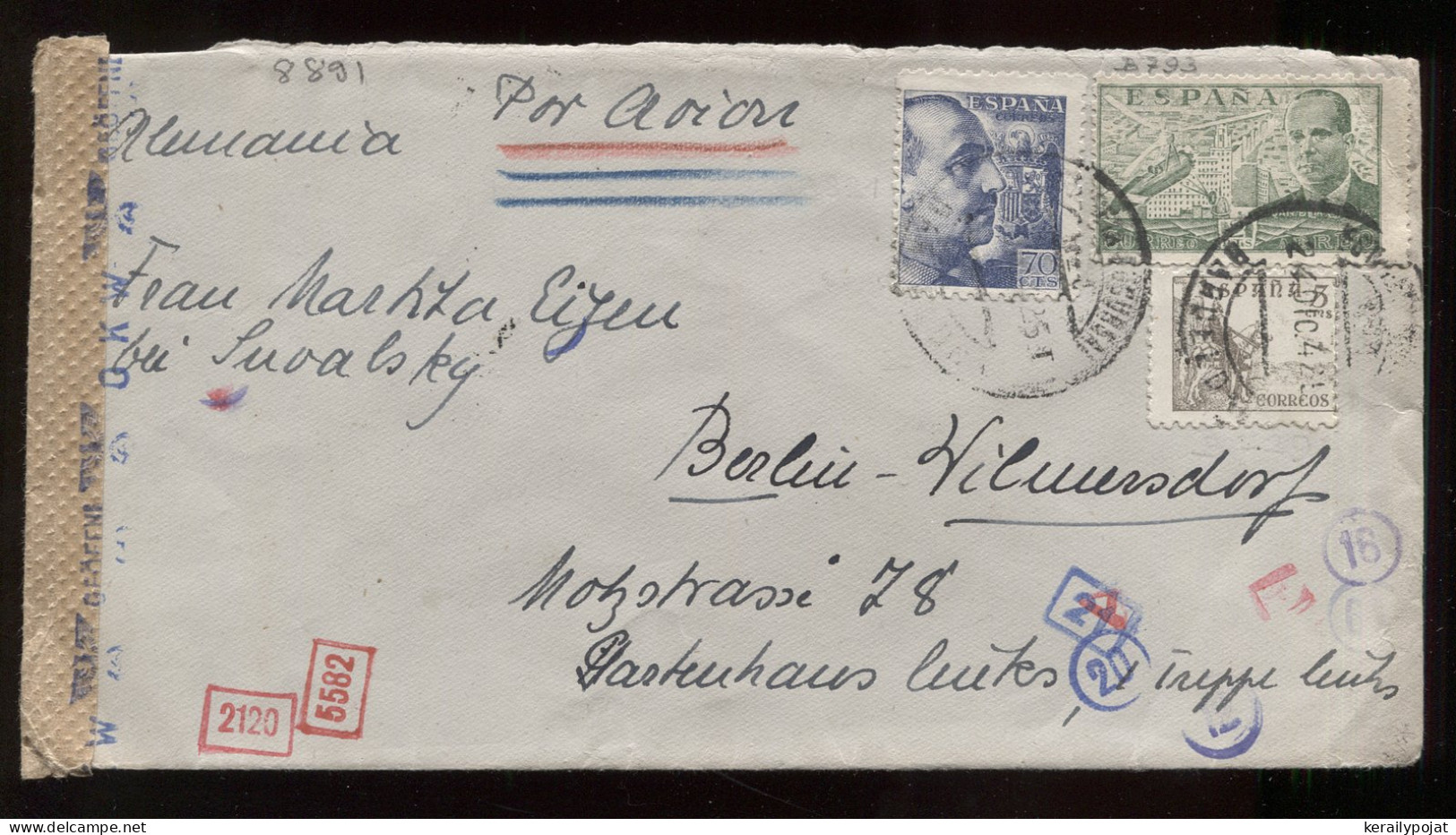 Spain 1942 Barcelona Censored Air Mail Cover To Germany__(8891) - Briefe U. Dokumente