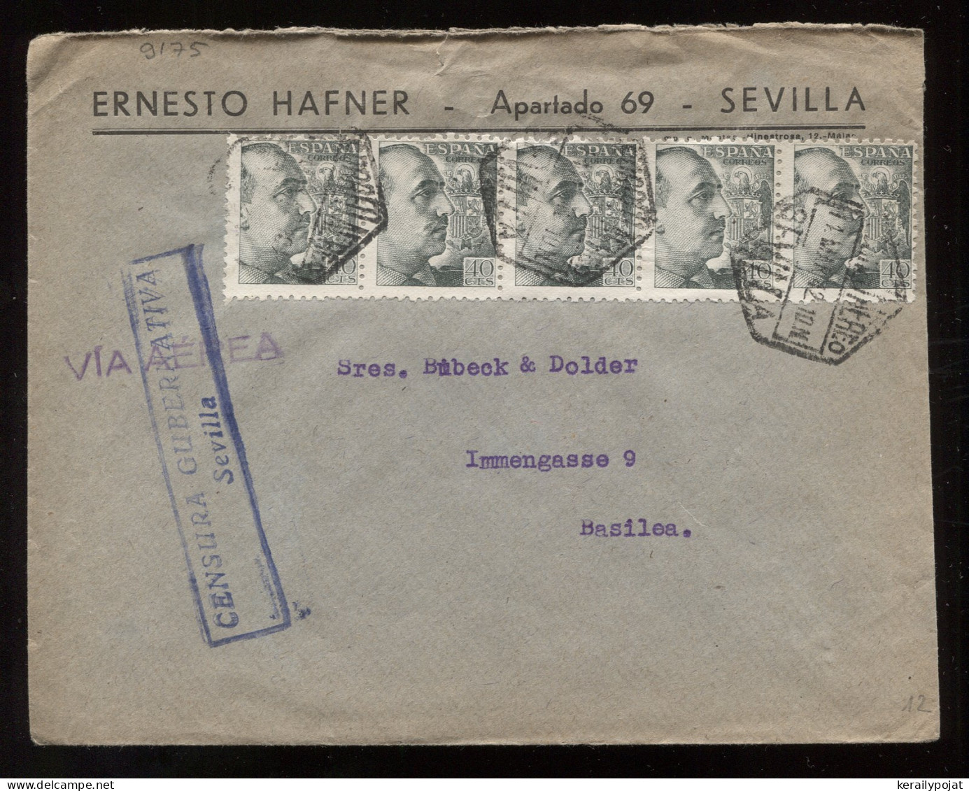 Spain 1941 Sevilla Censored Air Mail Cover To Basilea__(9175) - Storia Postale