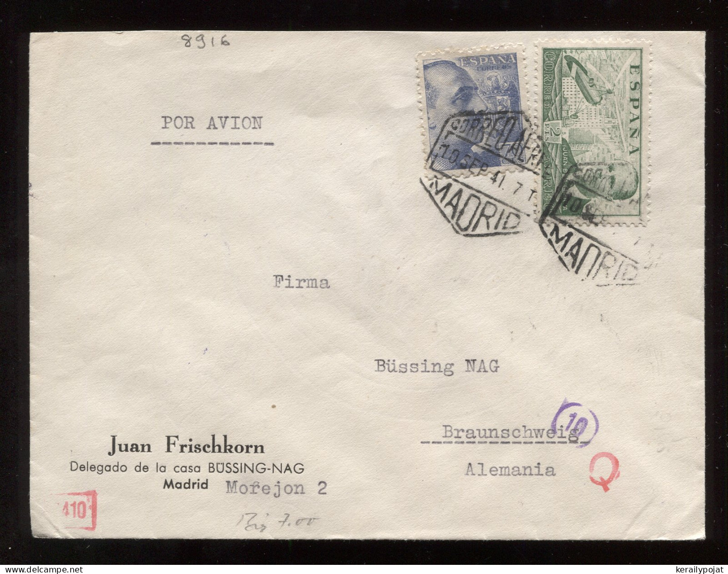 Spain 1941 Madrid Censored Air Mail Cover To Germany__(8916) - Briefe U. Dokumente