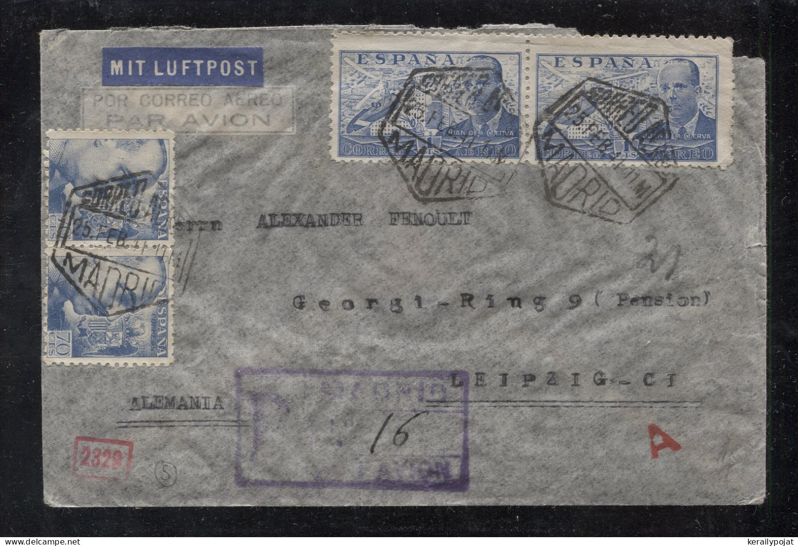 Spain 1941 Madrid Censored Air Mail Cover To Leipzig__(8948) - Covers & Documents