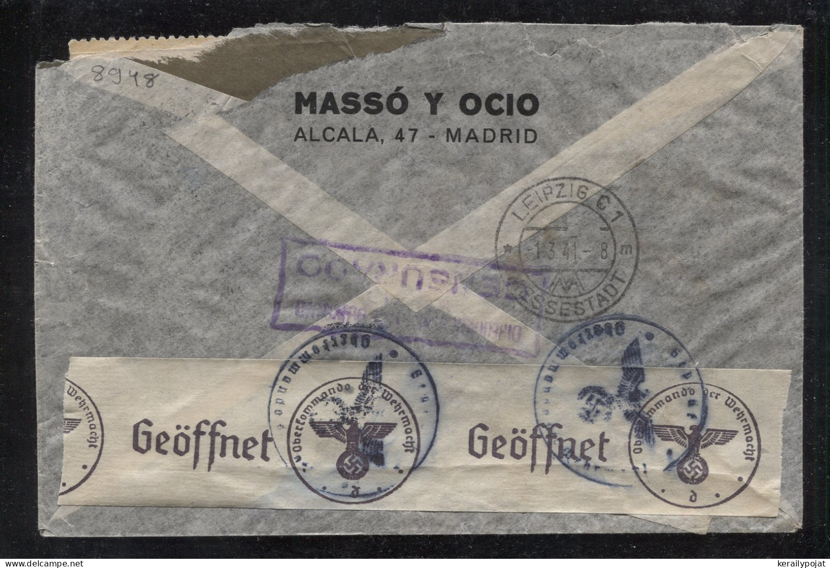 Spain 1941 Madrid Censored Air Mail Cover To Leipzig__(8948) - Storia Postale