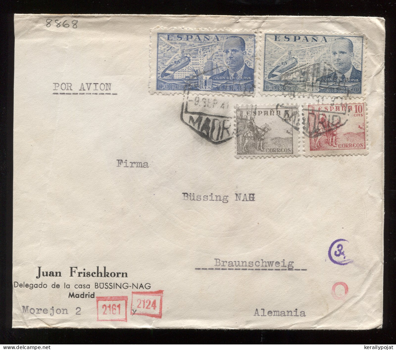 Spain 1941 Madrid Censored Air Mail Cover To Germany__(8868) - Cartas & Documentos