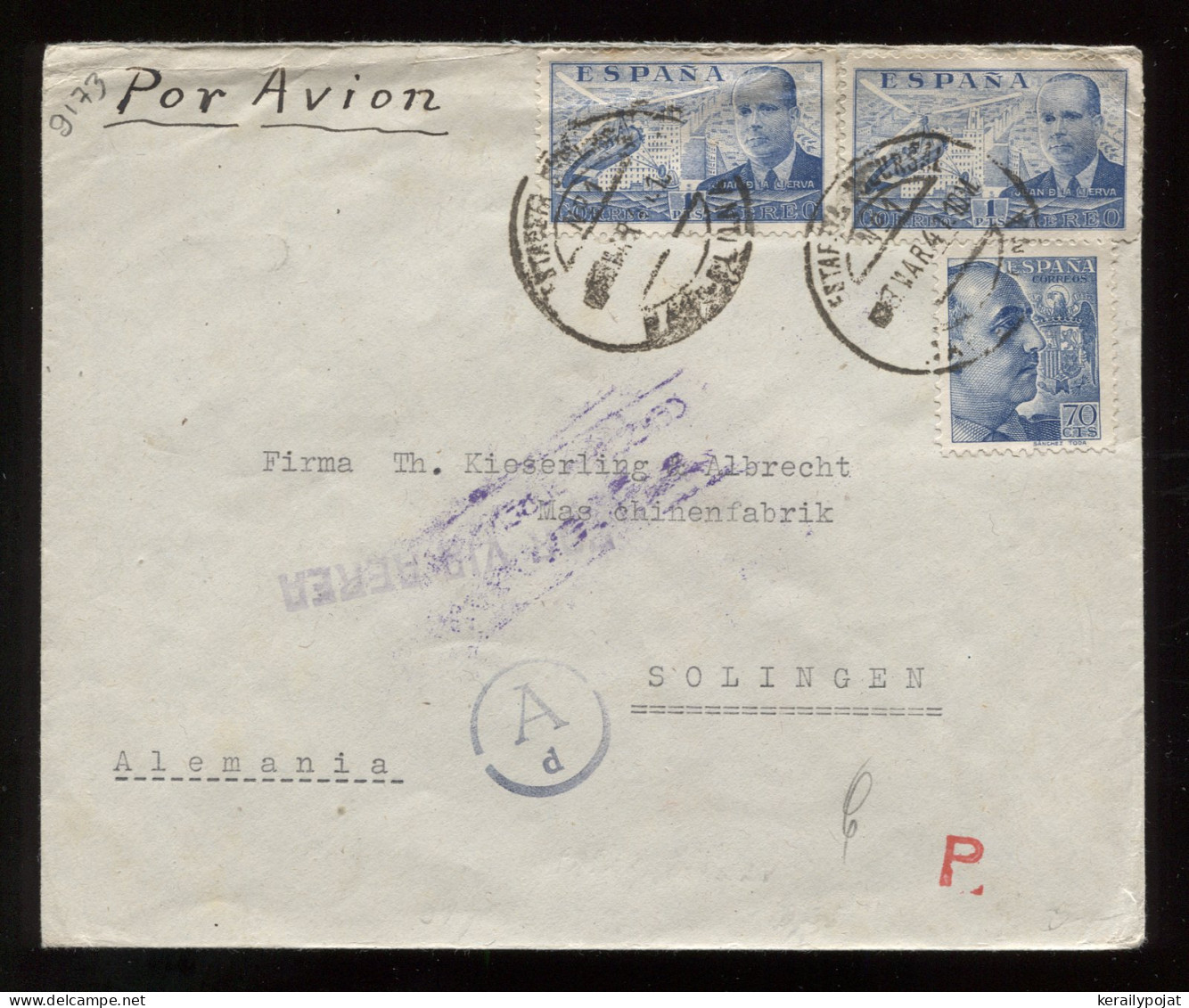 Spain 1941 Censored Air Mail Cover To Solingen__(9173) - Storia Postale
