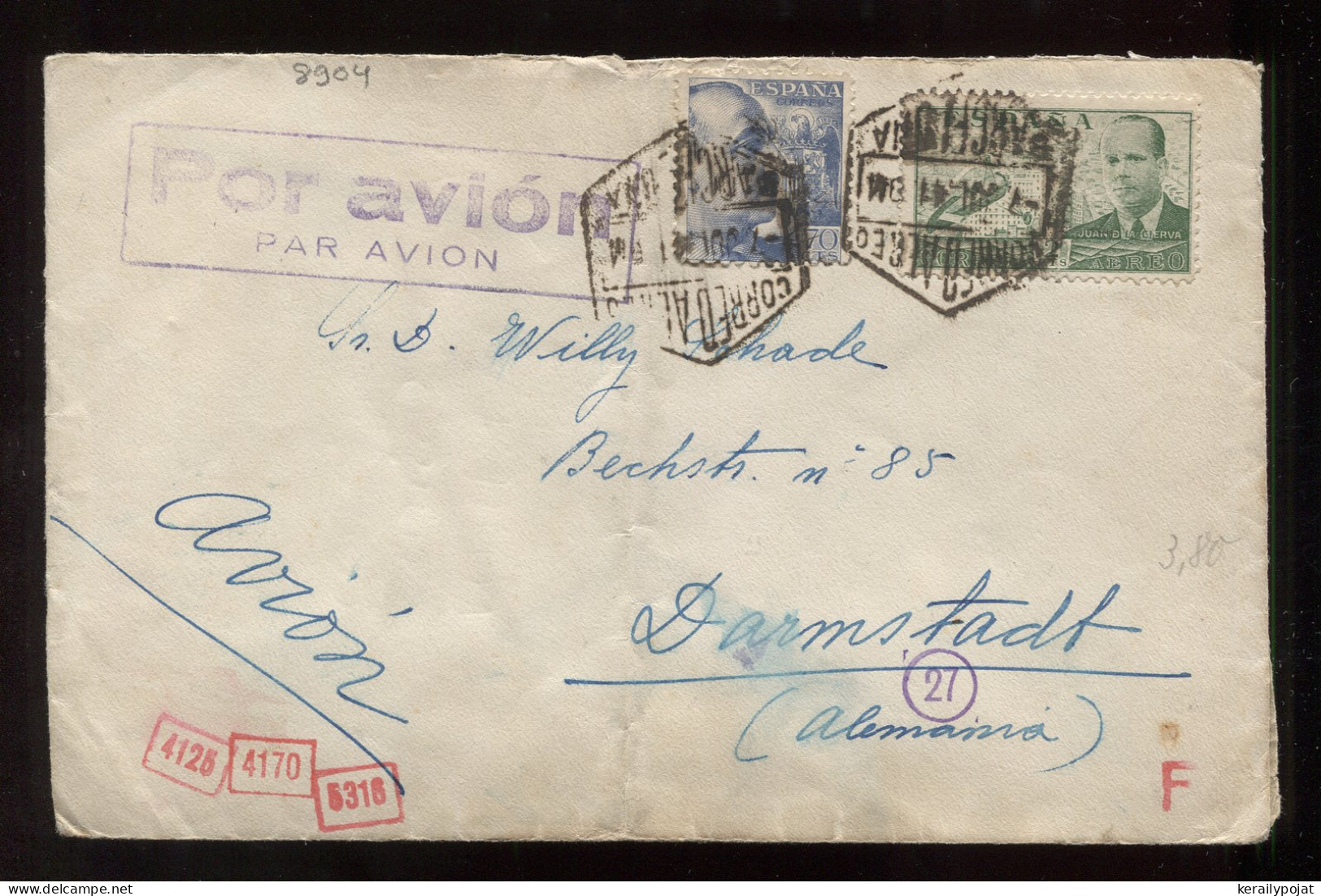 Spain 1941 Barcelonacen Air Mail Cover To Darmstadt__(8904) - Storia Postale