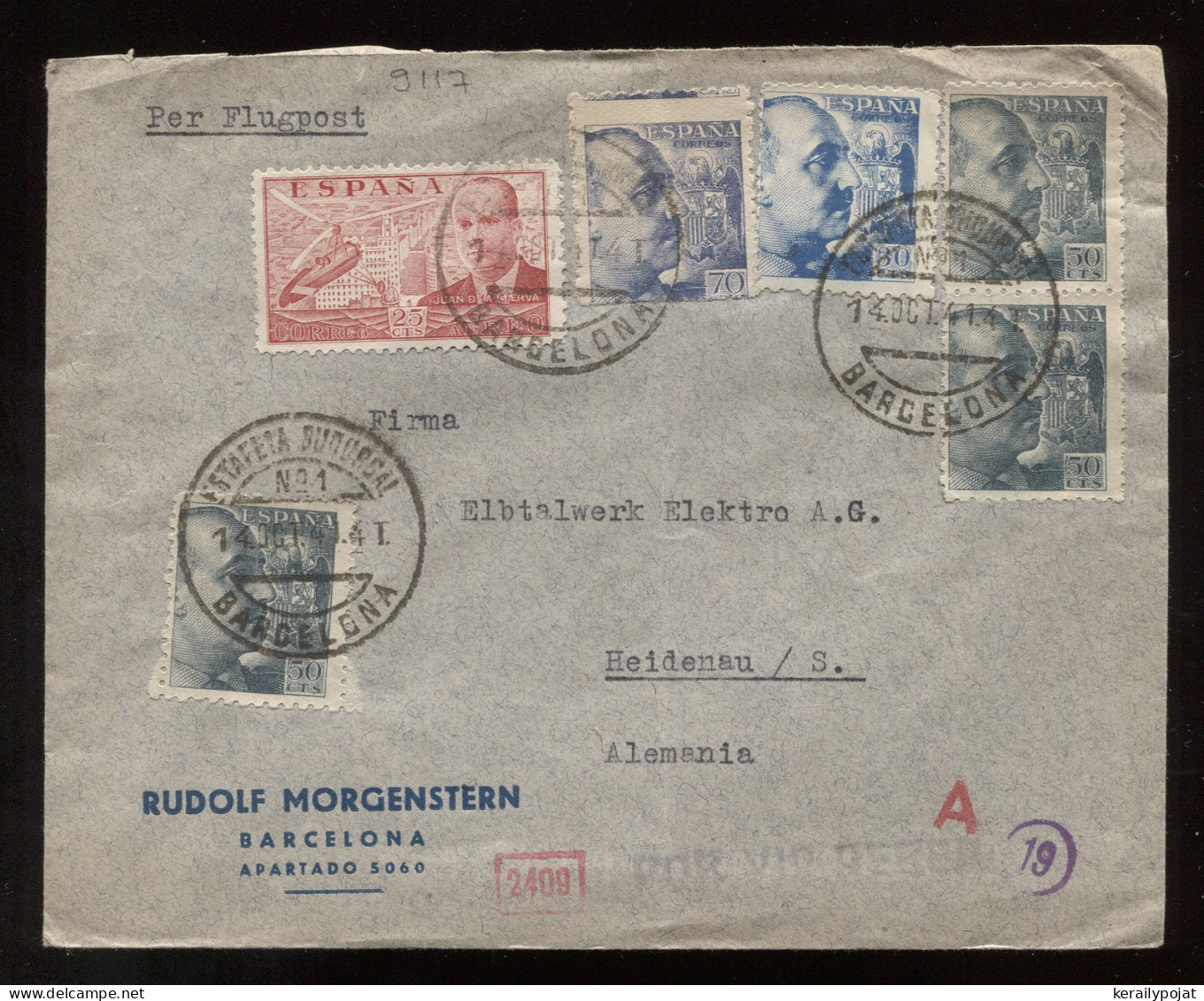 Spain 1941 Barcelona Censored Air Mail Cover To Heidenau__(9117) - Cartas & Documentos