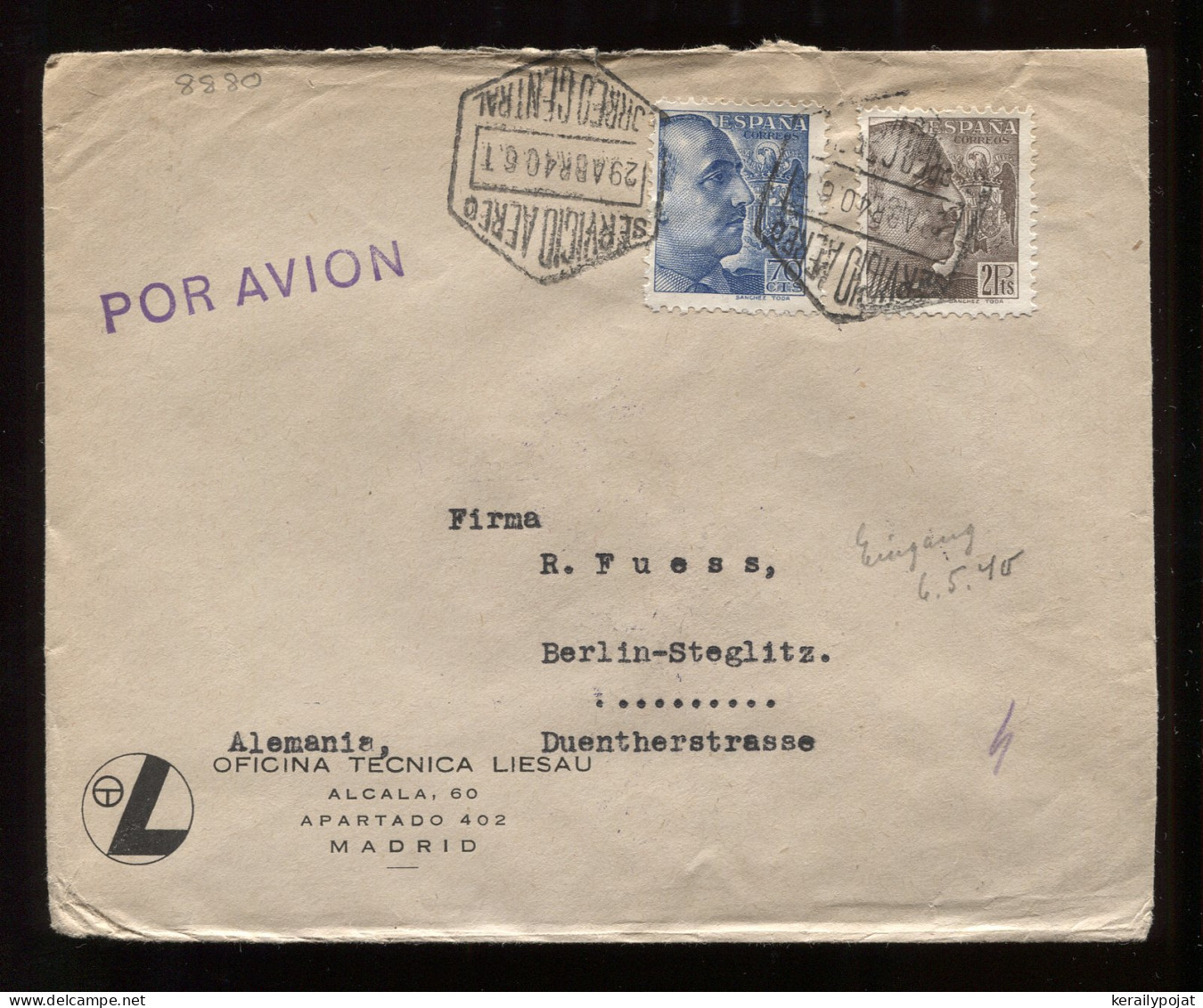 Spain 1940's Censored Air Mail Cover To Berlin__(8880) - Cartas & Documentos