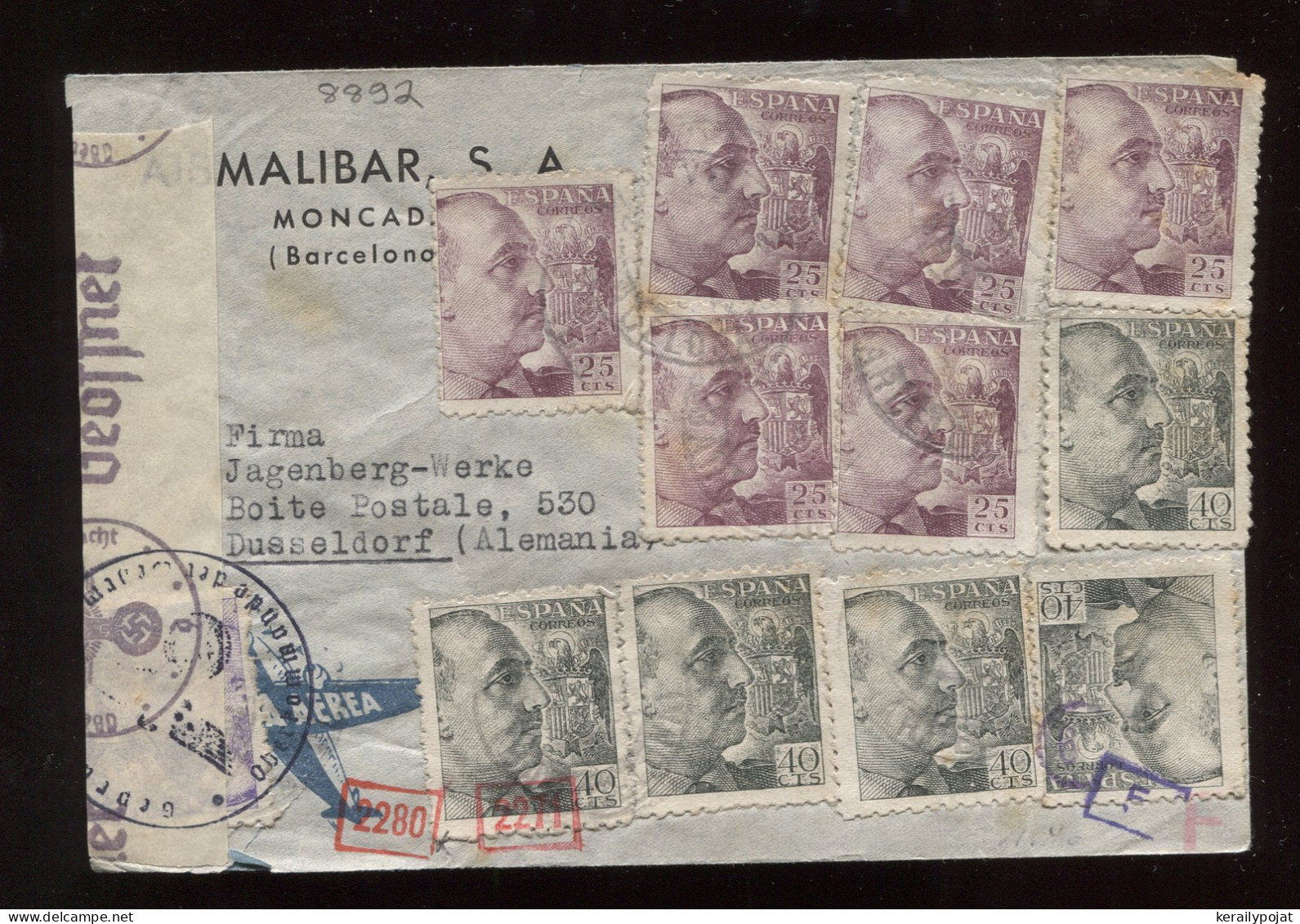 Spain 1940's Censored Air Mail Cover To Dusseldorf__(8892) - Brieven En Documenten