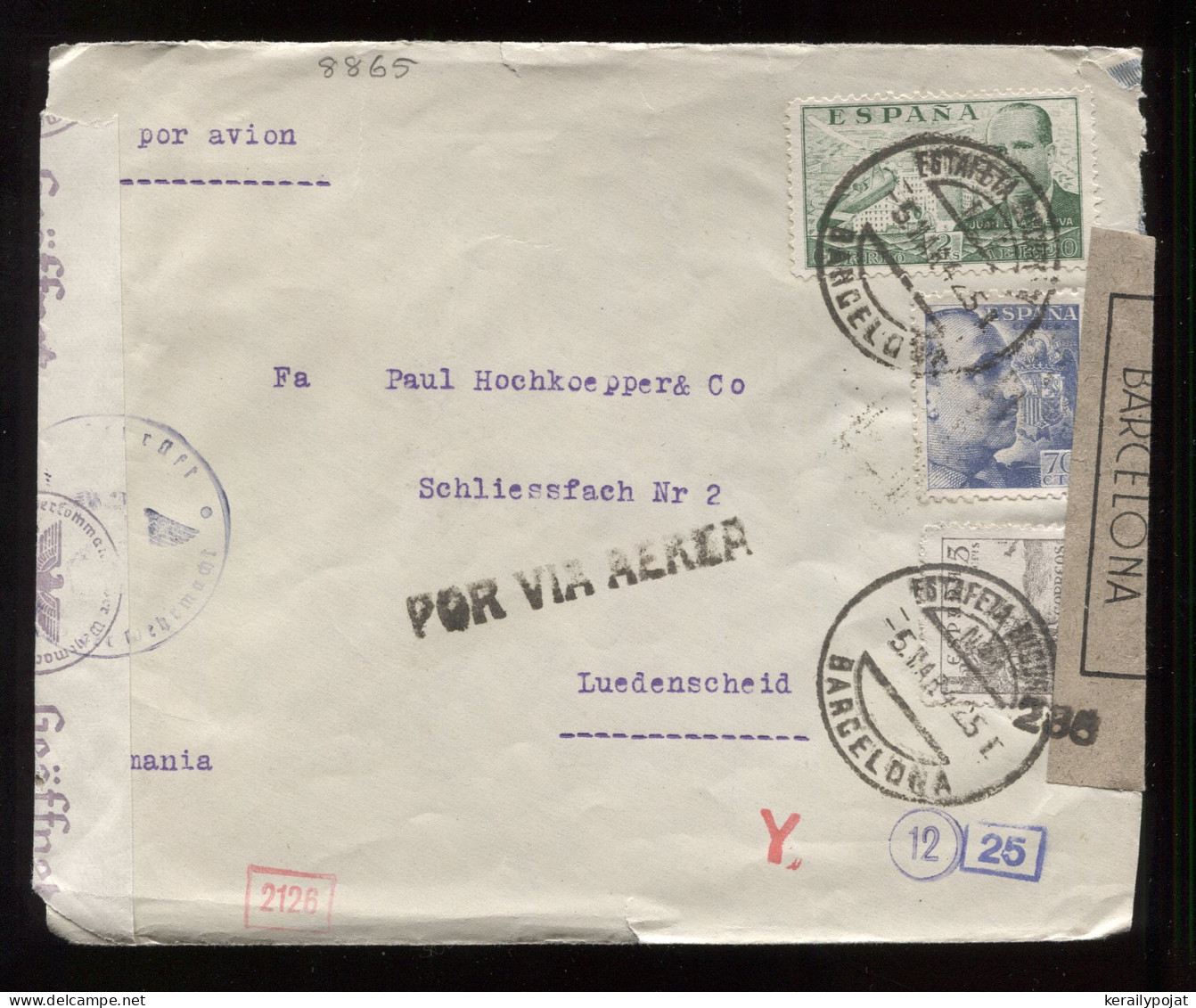 Spain 1940's Barcelona Censored Air Mail Cover To Germany__(8865) - Brieven En Documenten