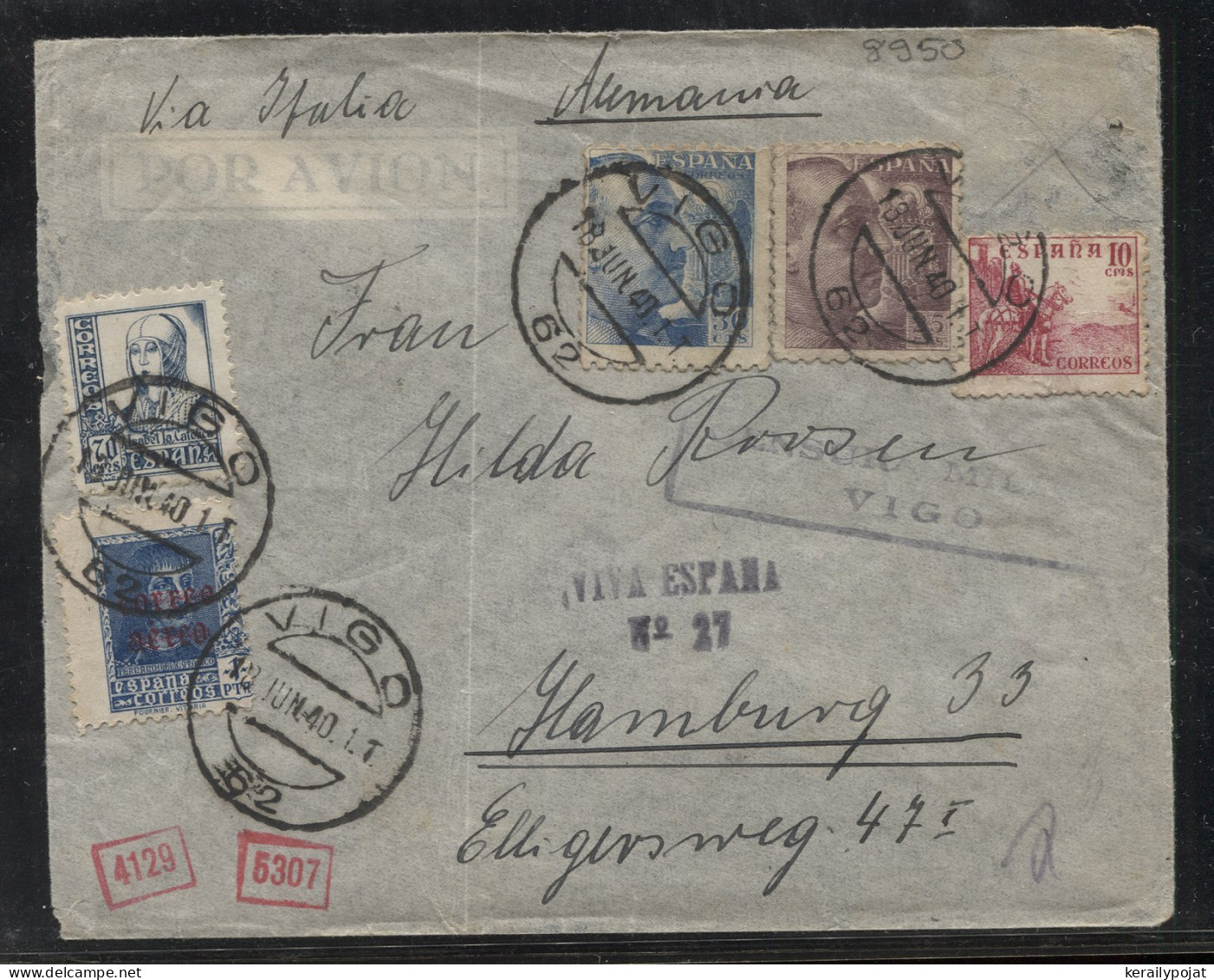 Spain 1940 Vigo Censored Air Mail Cover To Hamburg__(8950) - Briefe U. Dokumente