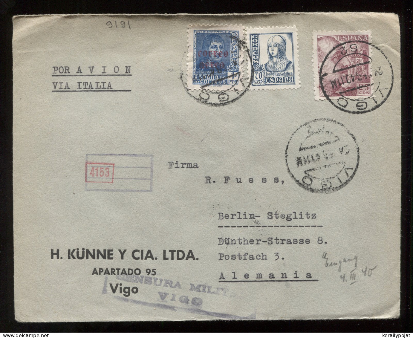 Spain 1940 Vigo Censored Air Mail Cover To Germany__(9191) - Briefe U. Dokumente