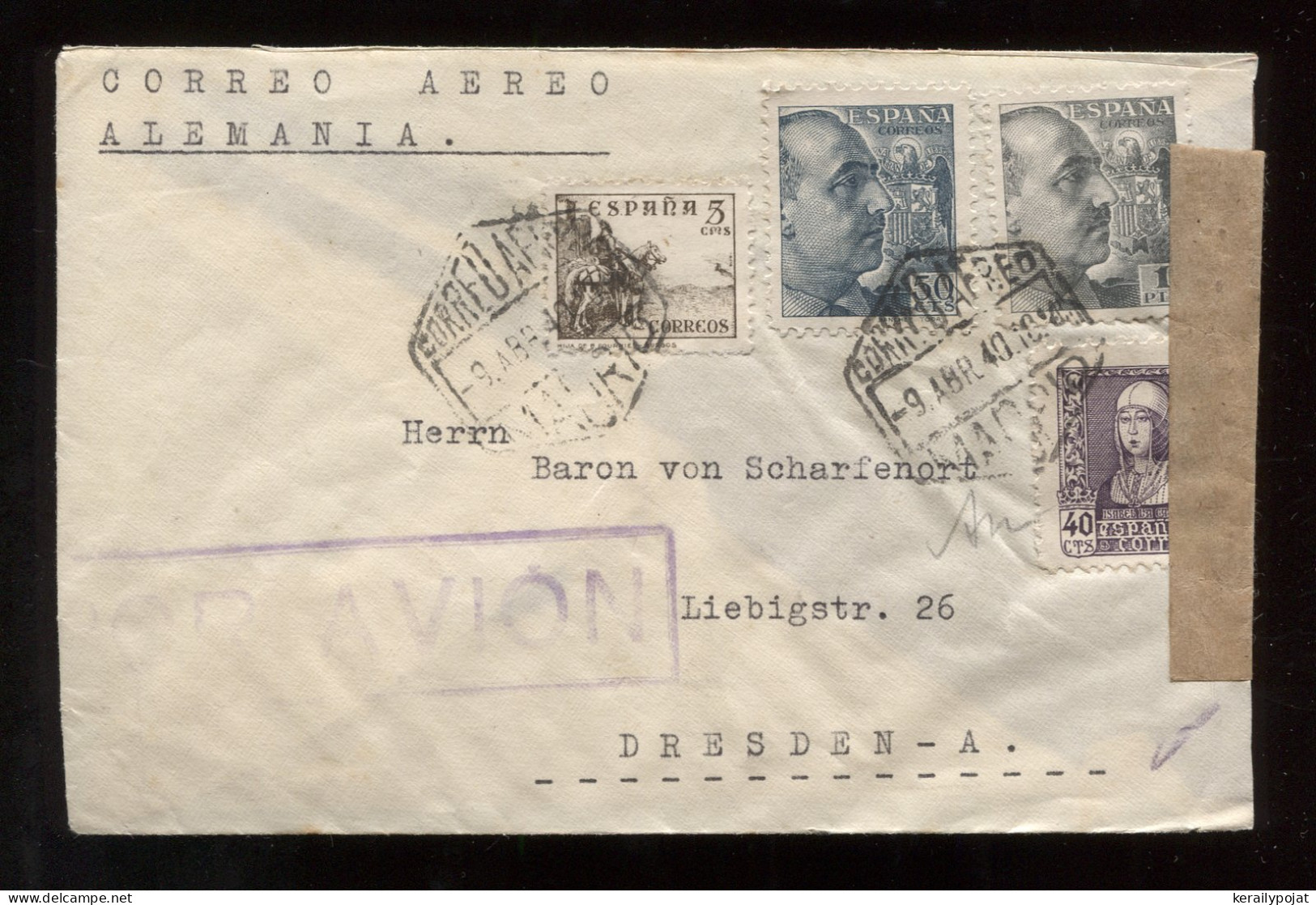 Spain 1940 Madrid Censored Air Mail Cover To Dresden__(8944) - Briefe U. Dokumente