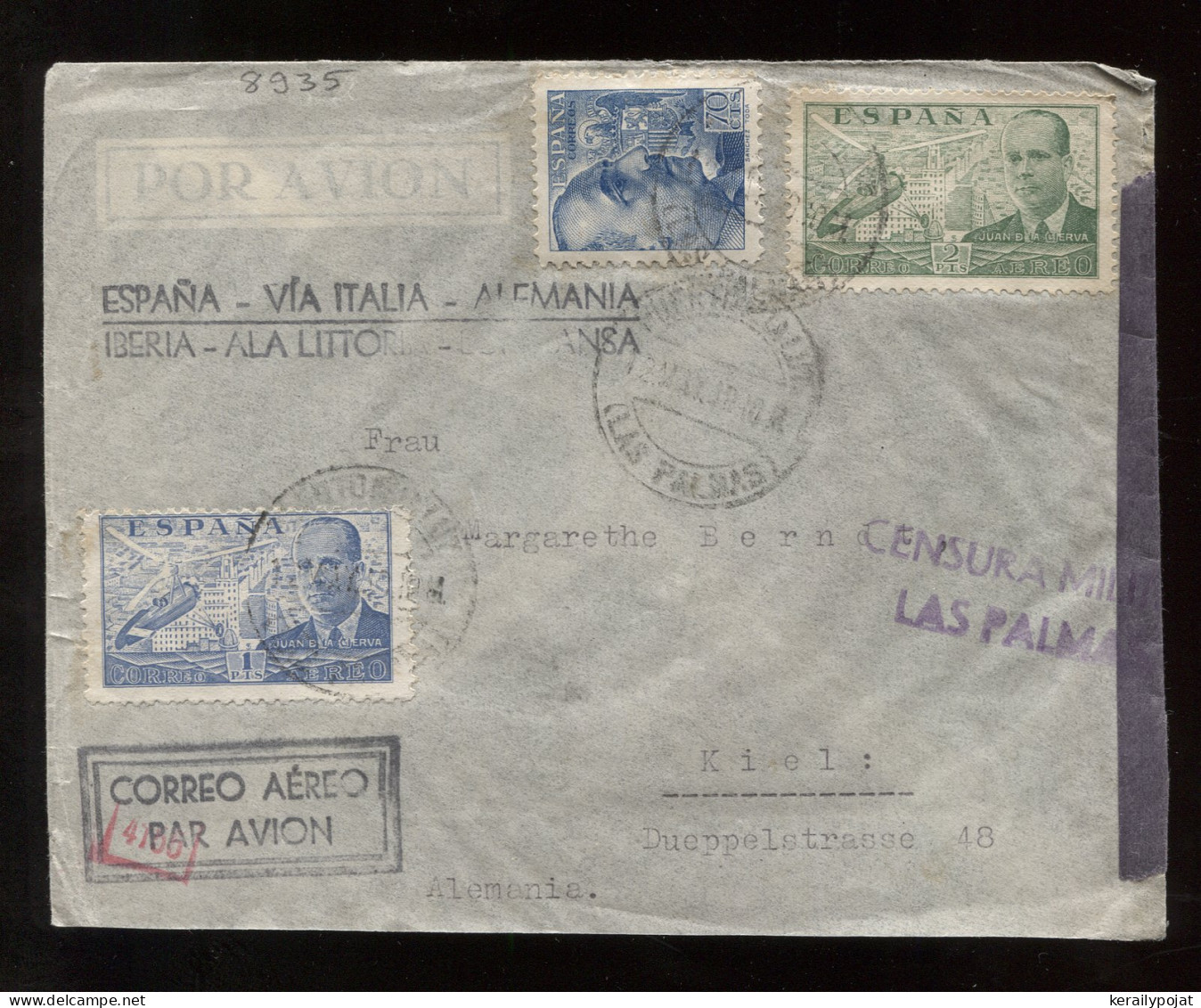 Spain 1940 Las Palmas Censored Air Mail Cover To Kiel__(8935) - Brieven En Documenten