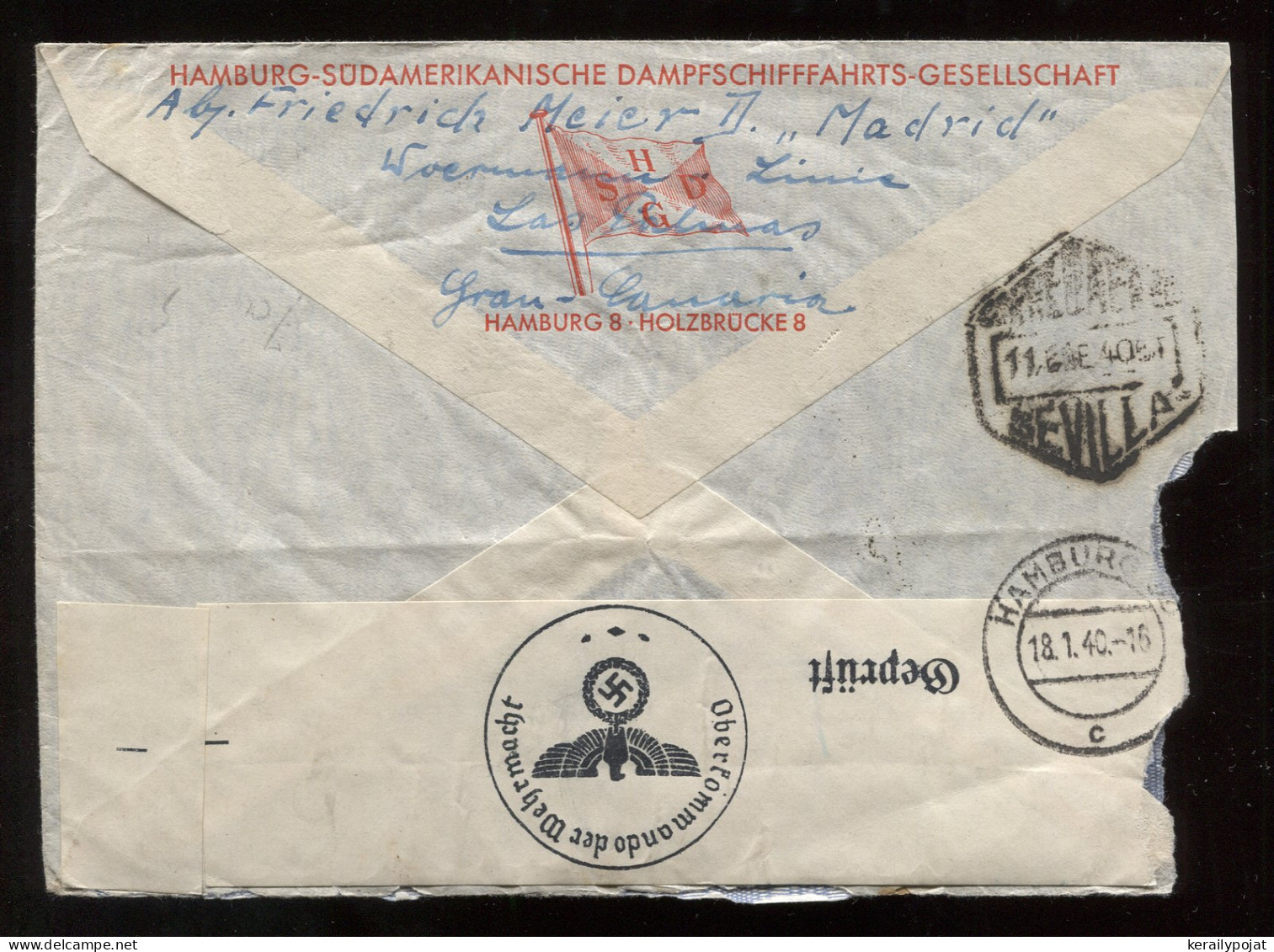 Spain 1940 Las Palmas Censored Air Mail Cover To Hamburg__(8934) - Brieven En Documenten