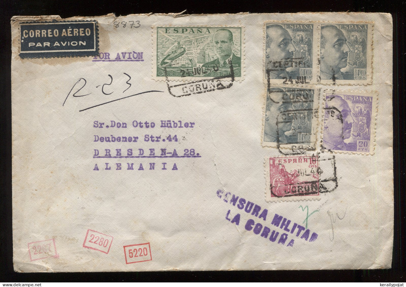 Spain 1940 Coruna Censored Air Mail Cover To Dresden__(8873) - Cartas & Documentos