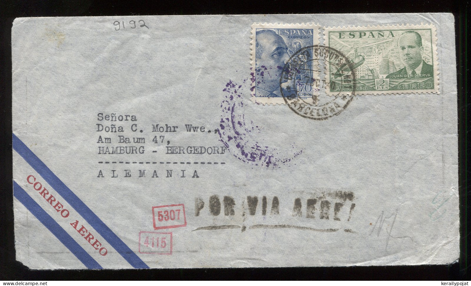 Spain 1940 Barcelona Censored Air Mail Cover To Hamburg__(9192) - Brieven En Documenten