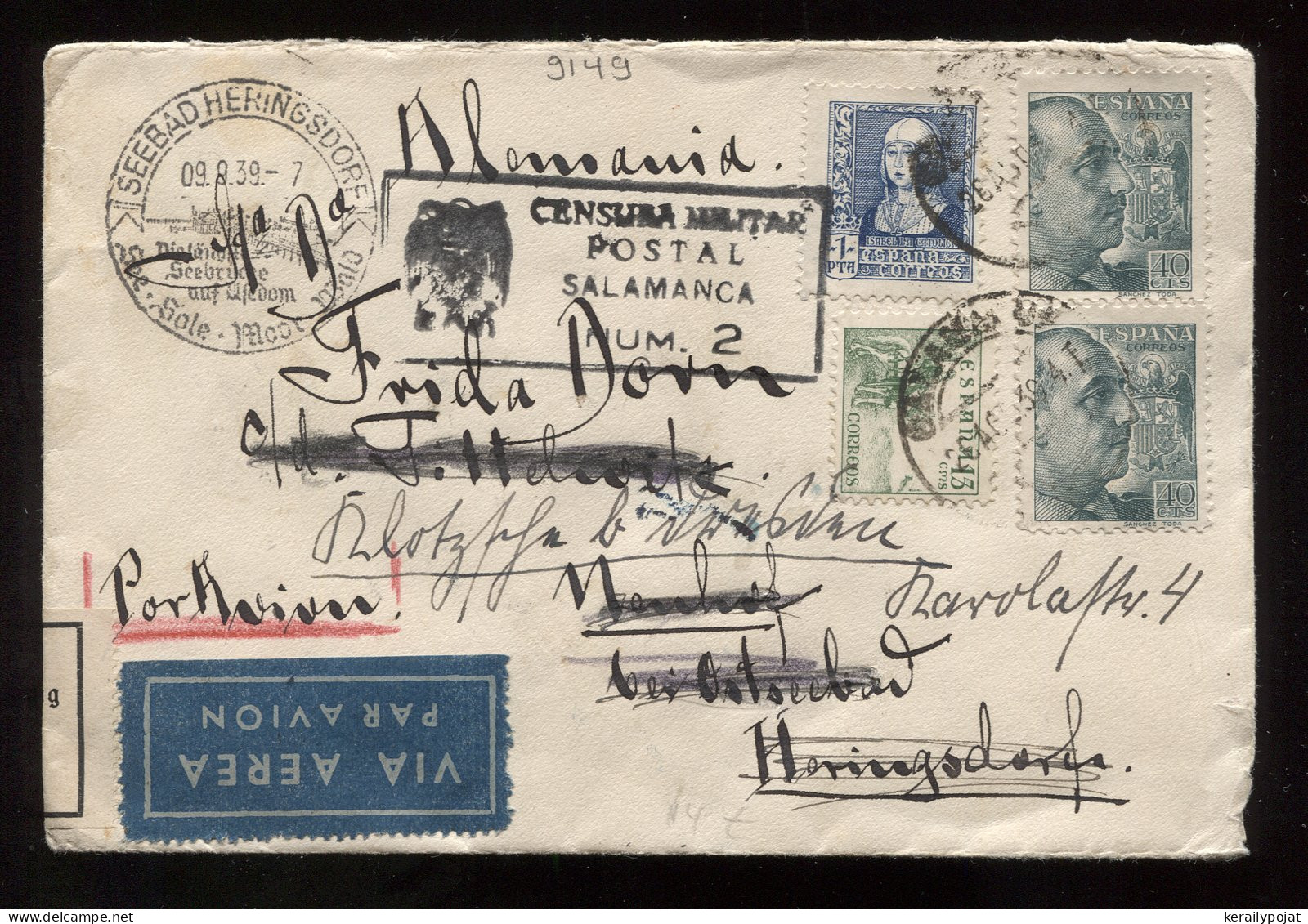 Spain 1939 Salamanca Censored Air Mail Cover To Germany__(9149) - Brieven En Documenten